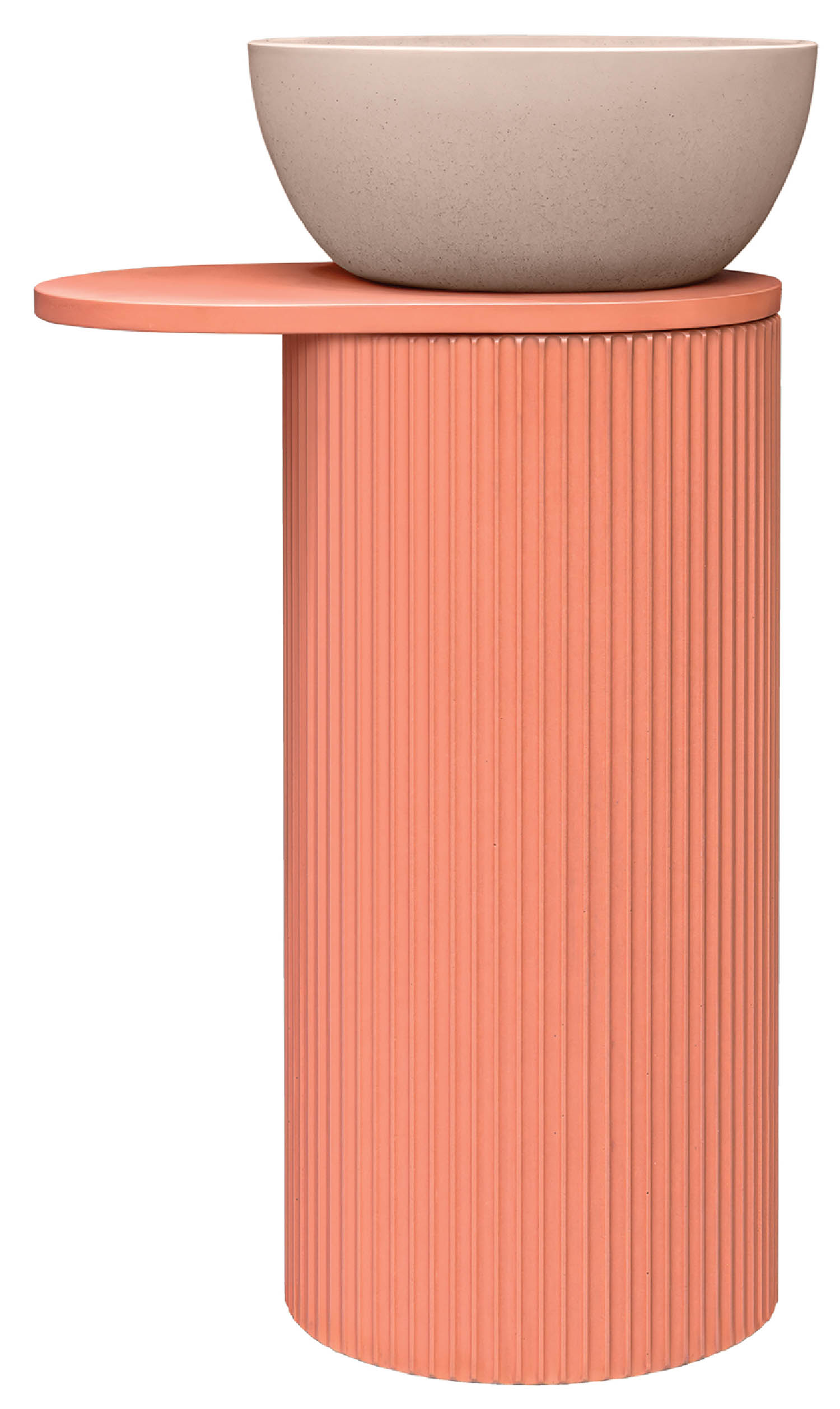 A small orange table with a white bowl on top.