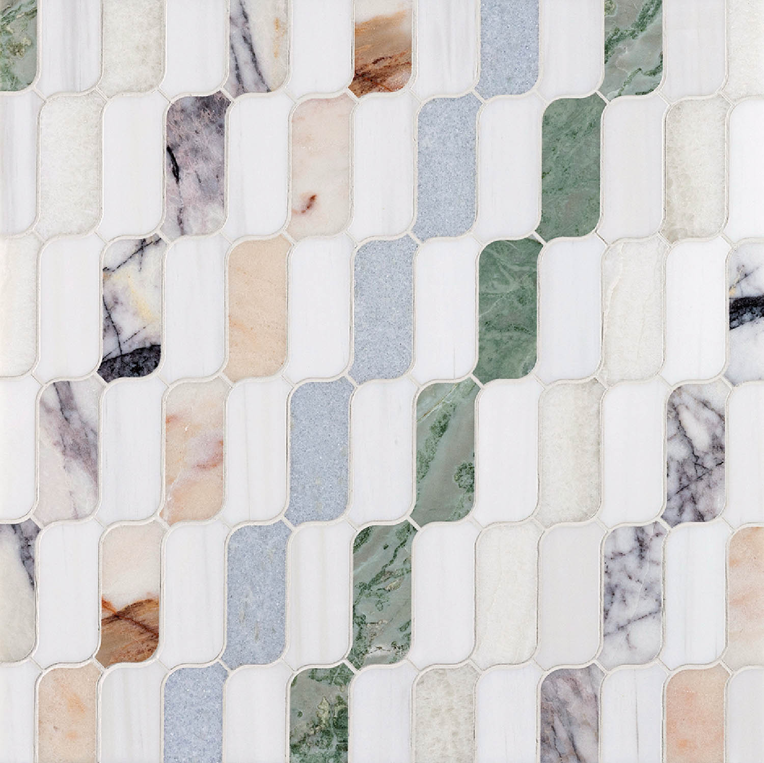 A white marble tile with multi colored marble tiles.