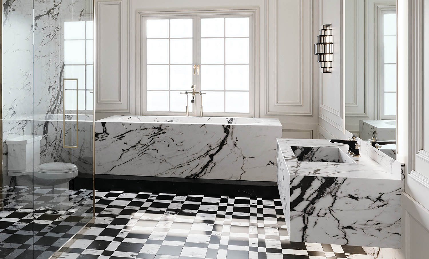A bathroom with black and white marble flooring.