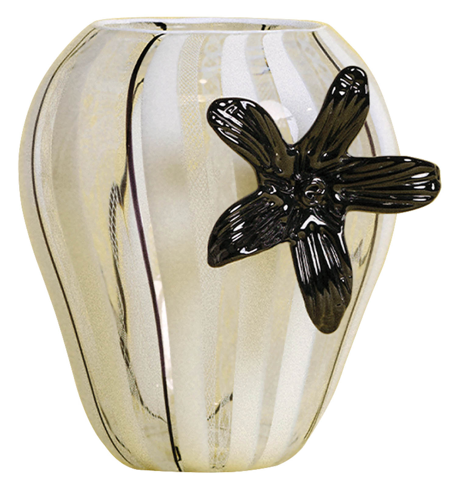A black and white vase with a butterfly on it.