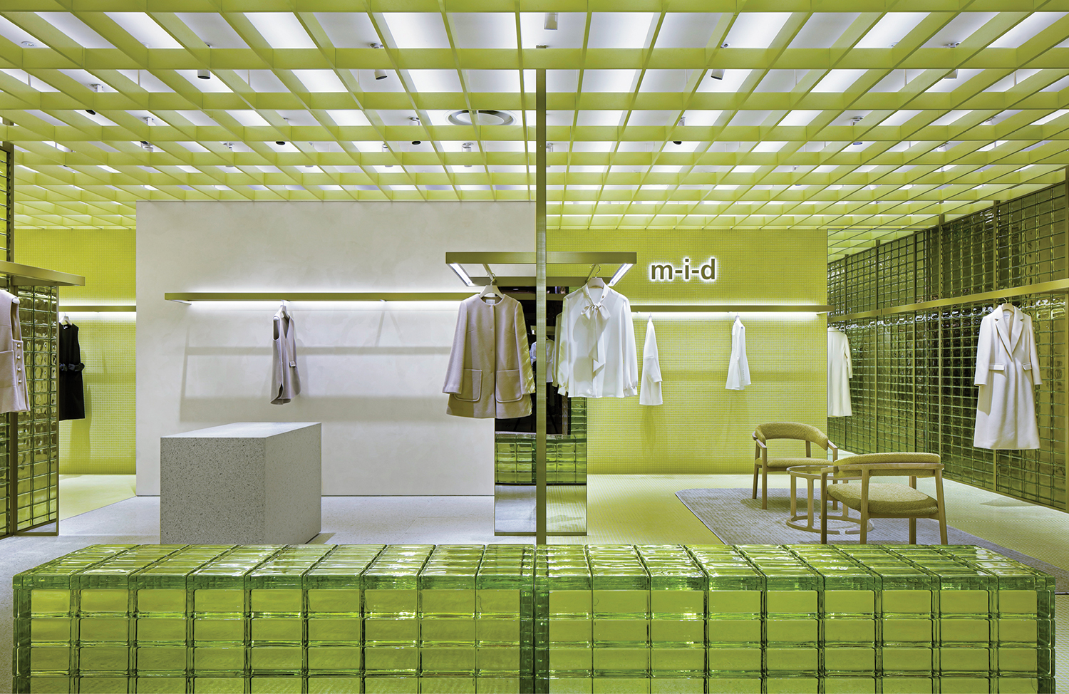 A room with a green floor and a white wall.