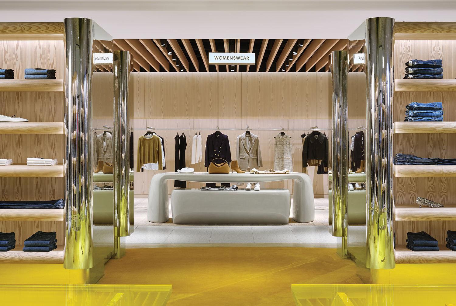 A store with a yellow floor and a yellow floor.