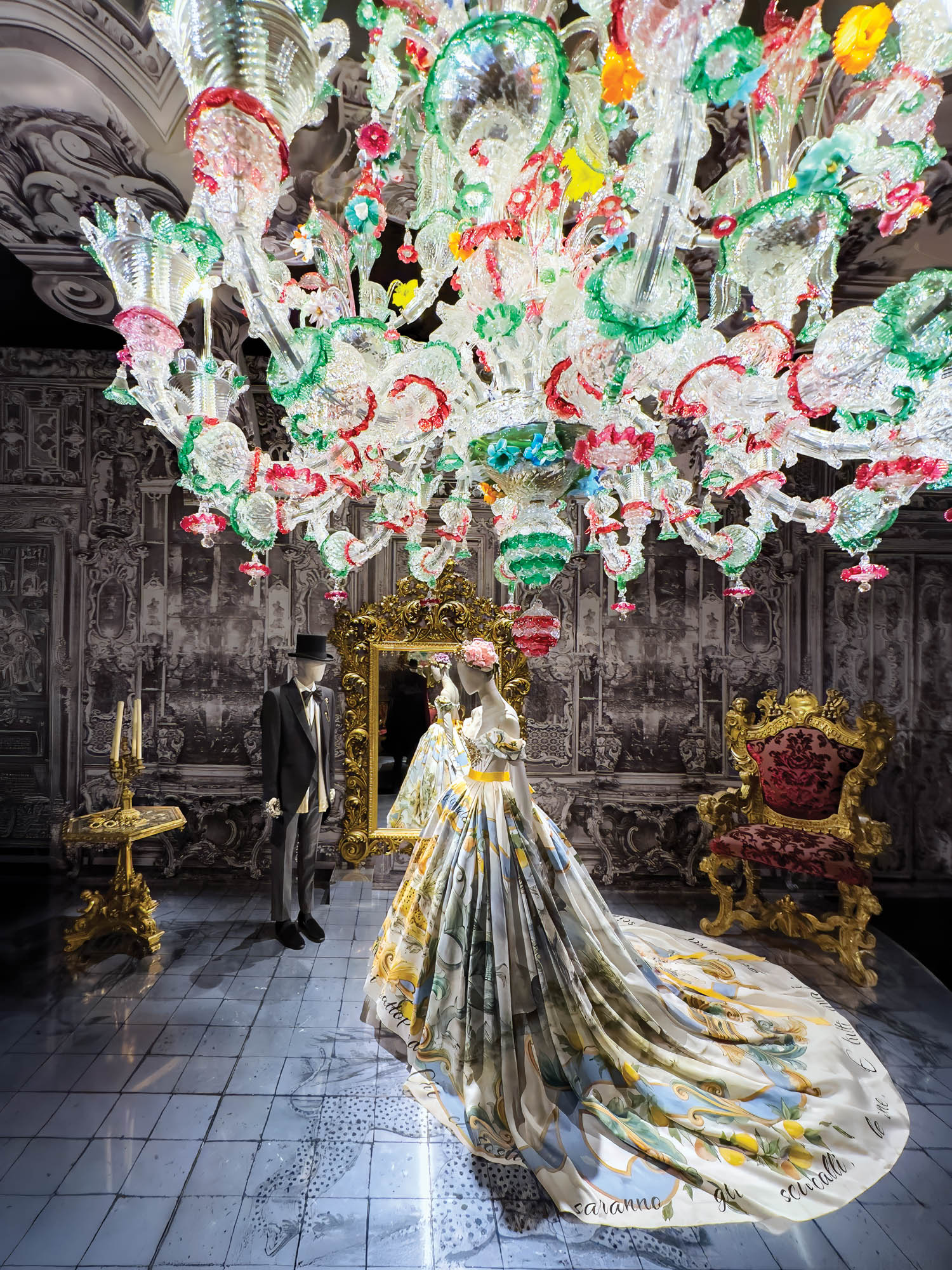 beautiful gown under a colorful light display