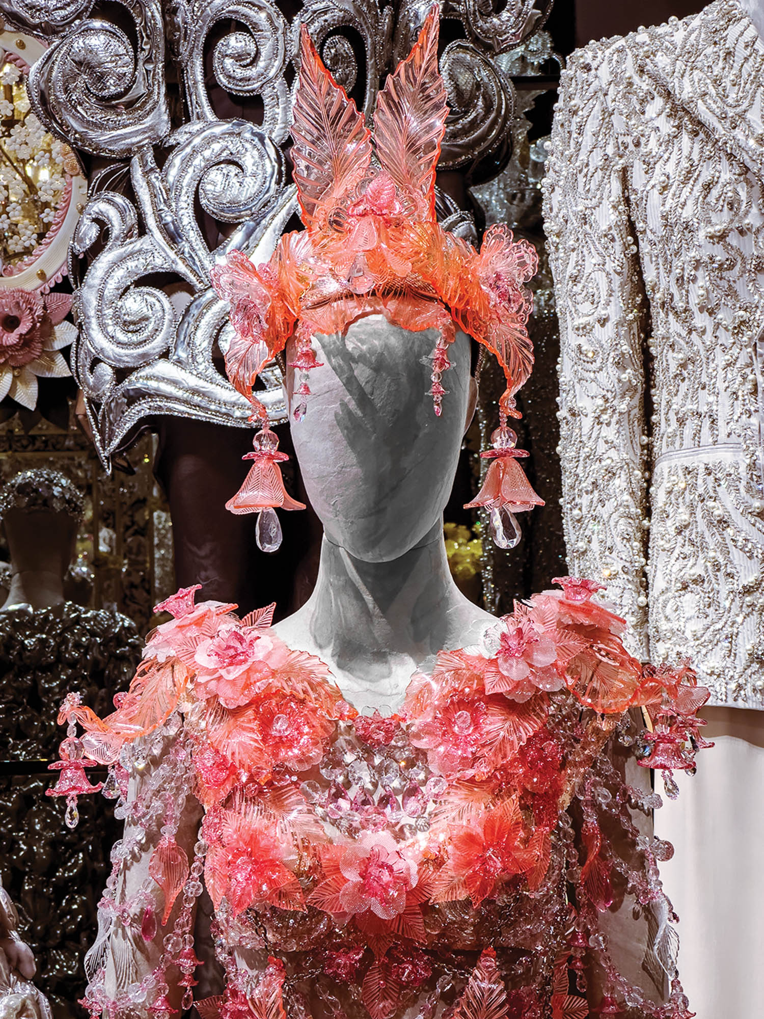 closeup of mannequin wearing fluffy pink outfit