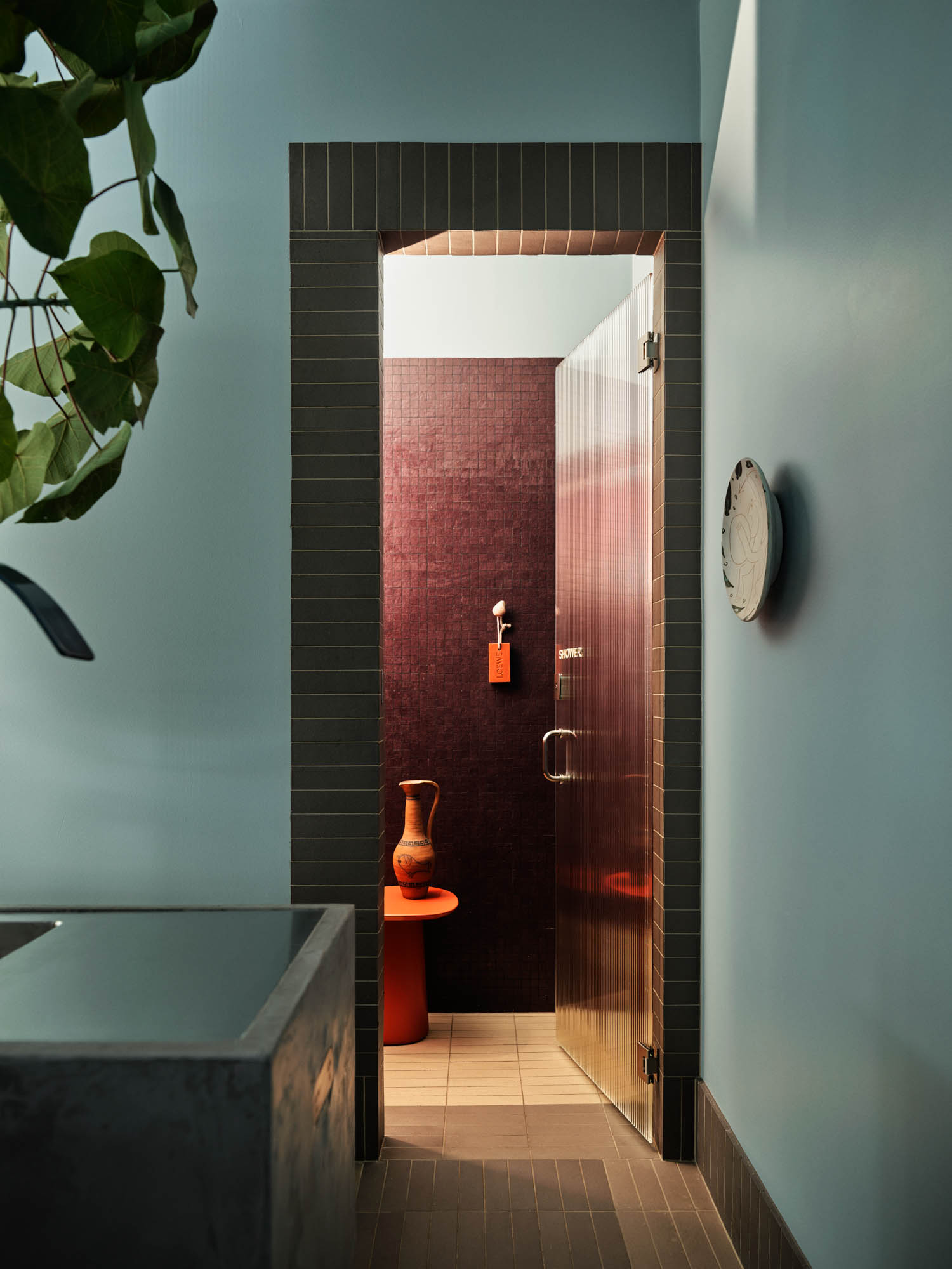 bathroom with blue hallway and brown shower