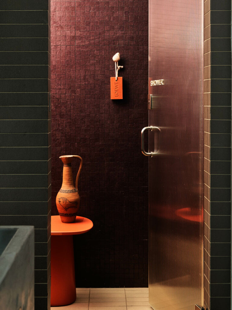 brown shower with jugs inside