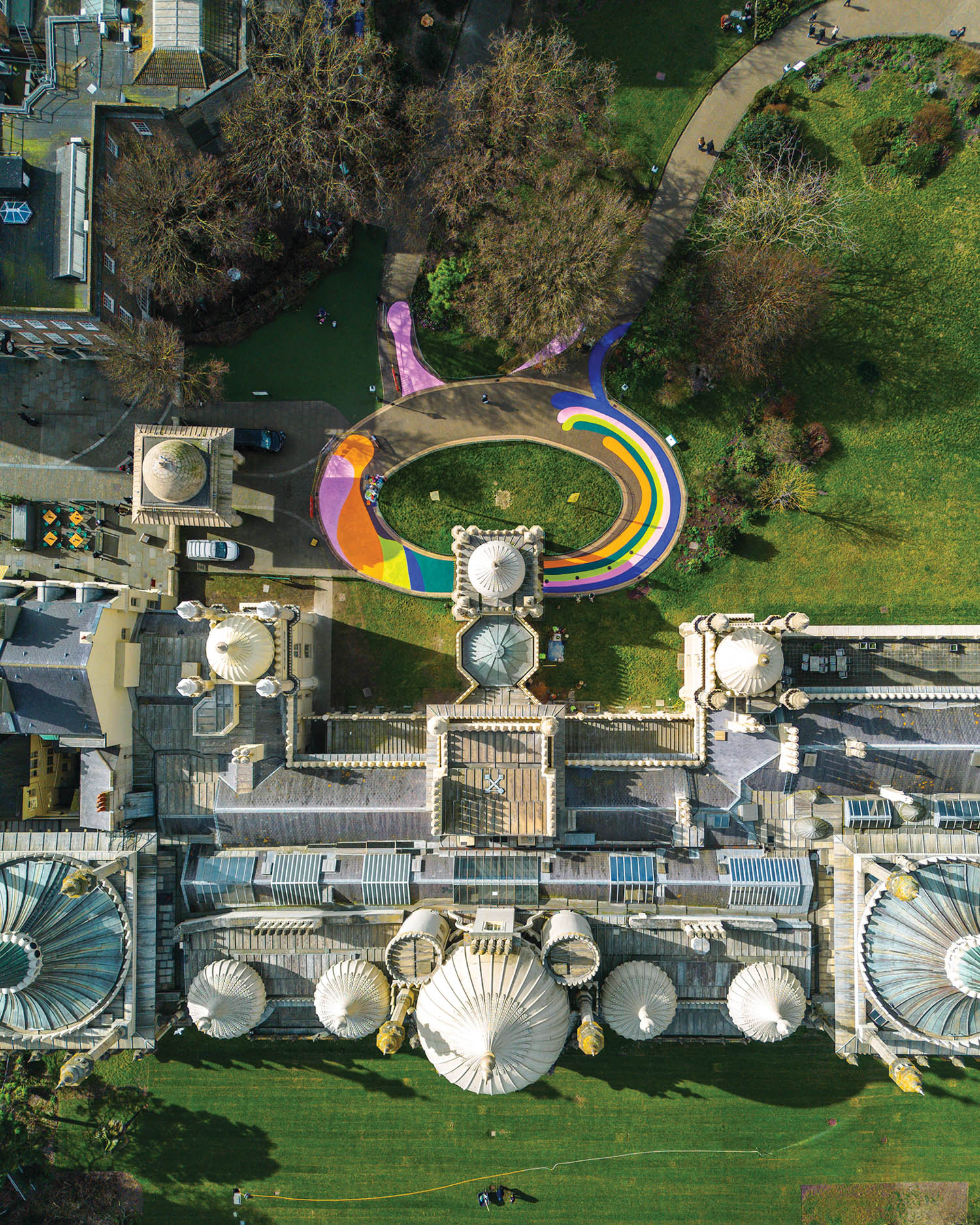 aerial view of colorful exhibit