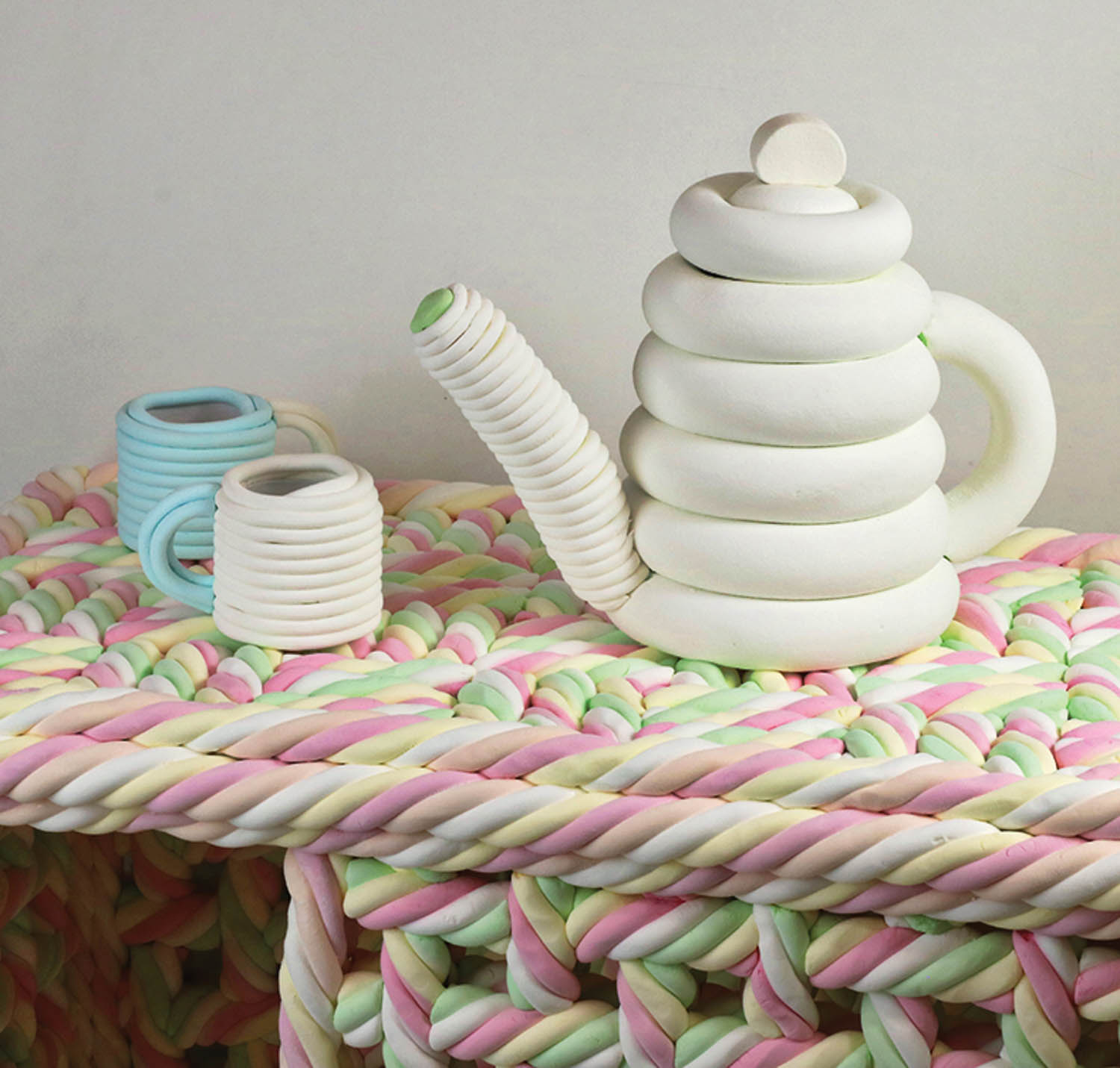 candy desk with white teapot