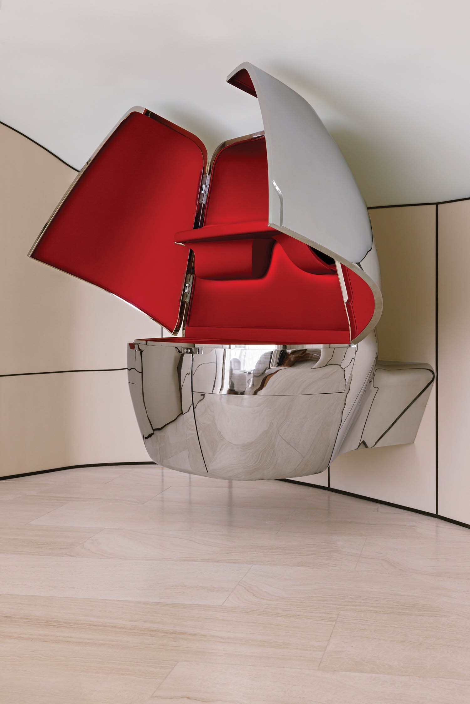 bar area with chromatic exterior and red velvet interior