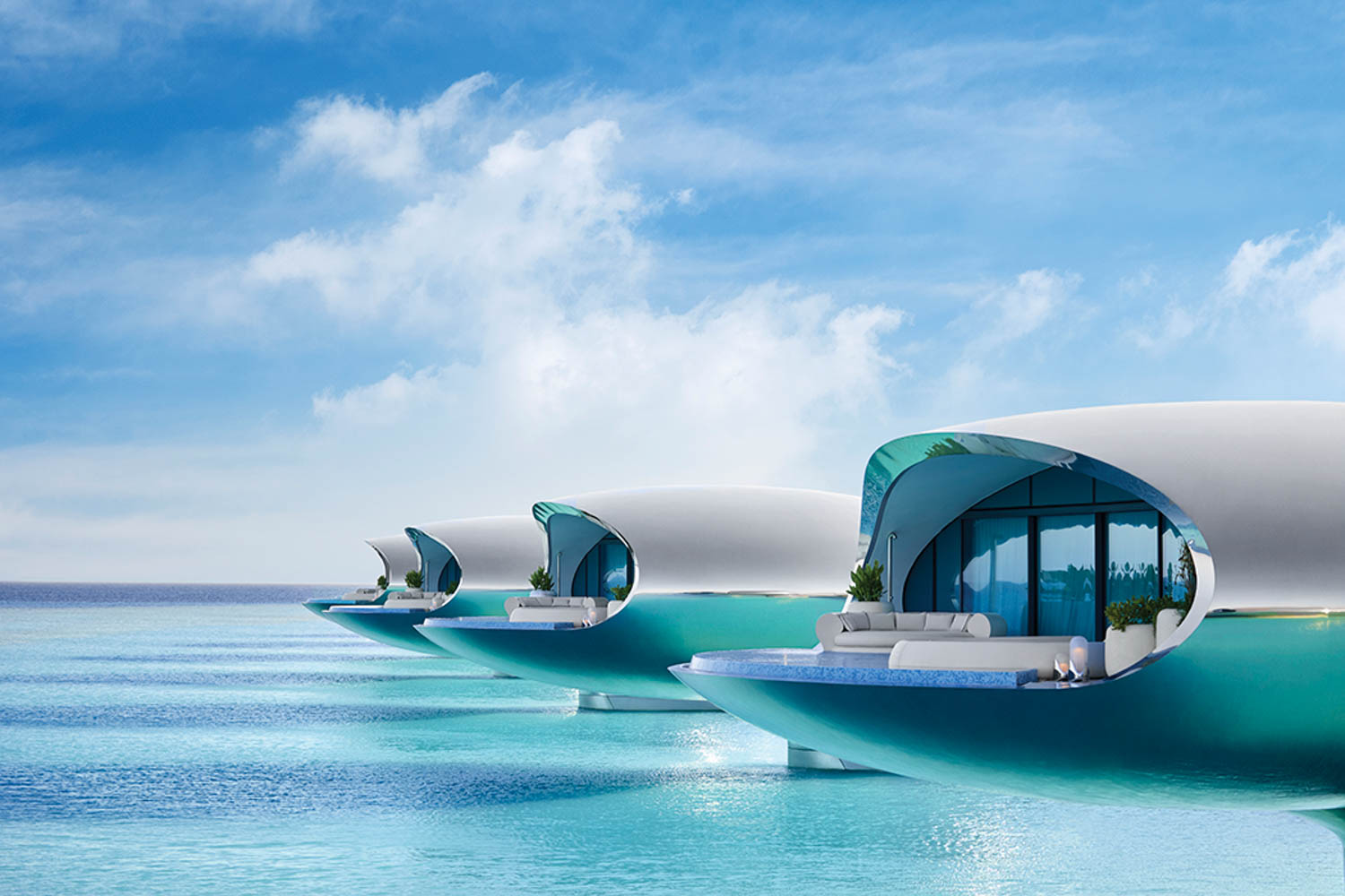exterior shot of pods over the ocean