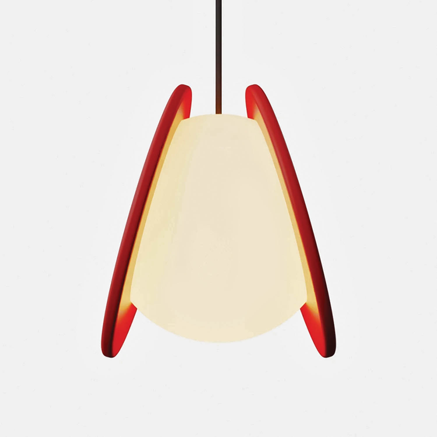 red and white lamp is hanging from the ceiling
