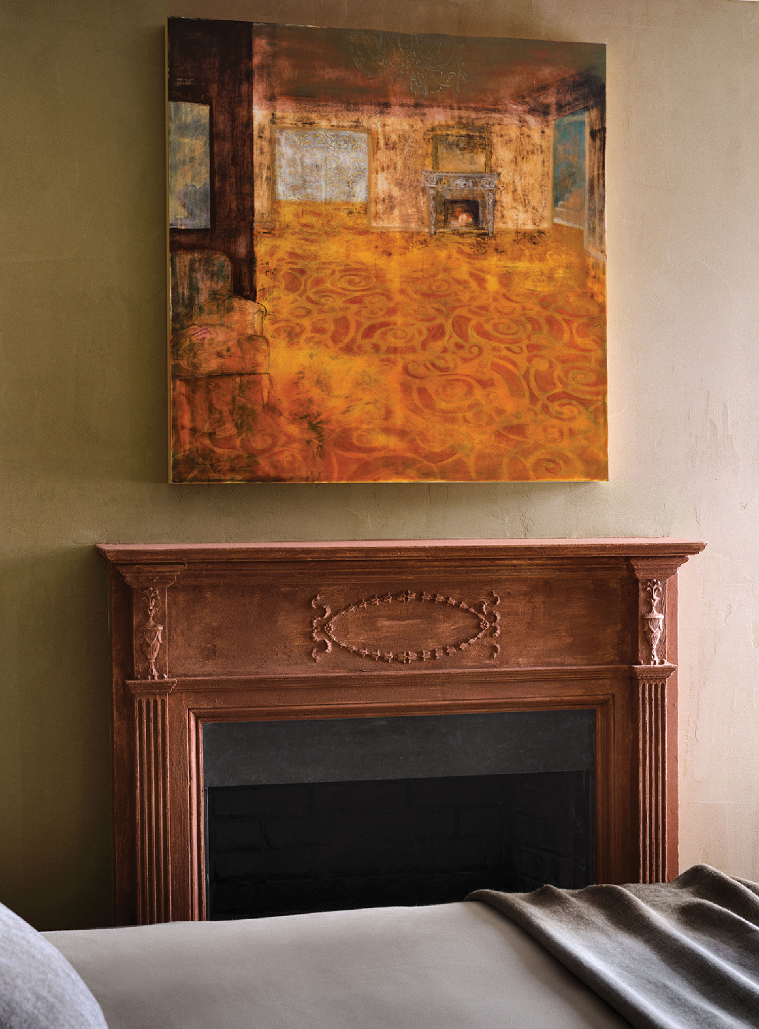 A painting on a wall above a bed.