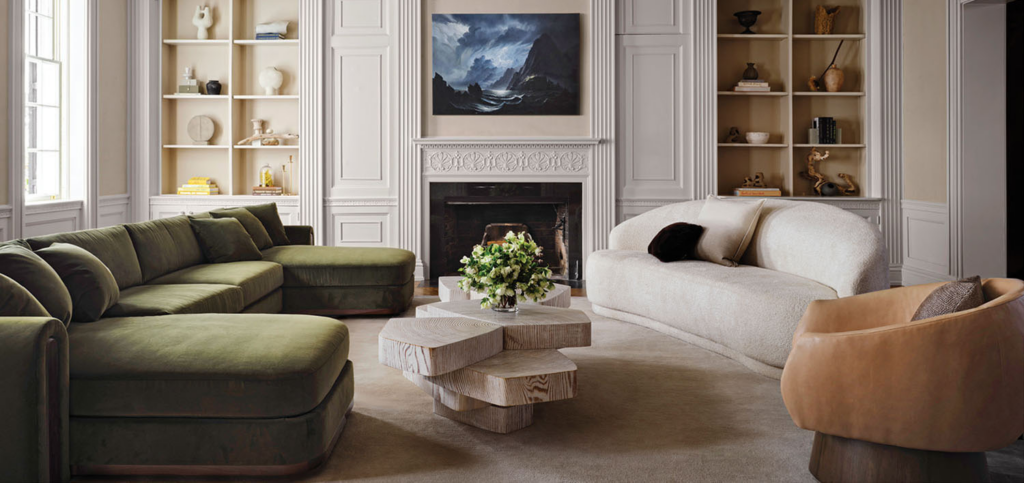 living room with green and white sectional couches