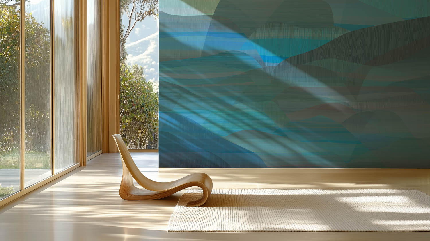 a curved wood chair near a blue wall
