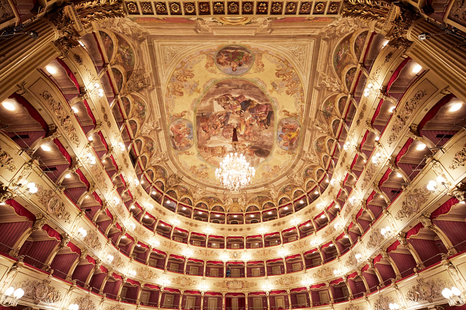 image of ceiling with multiple lights and artwork