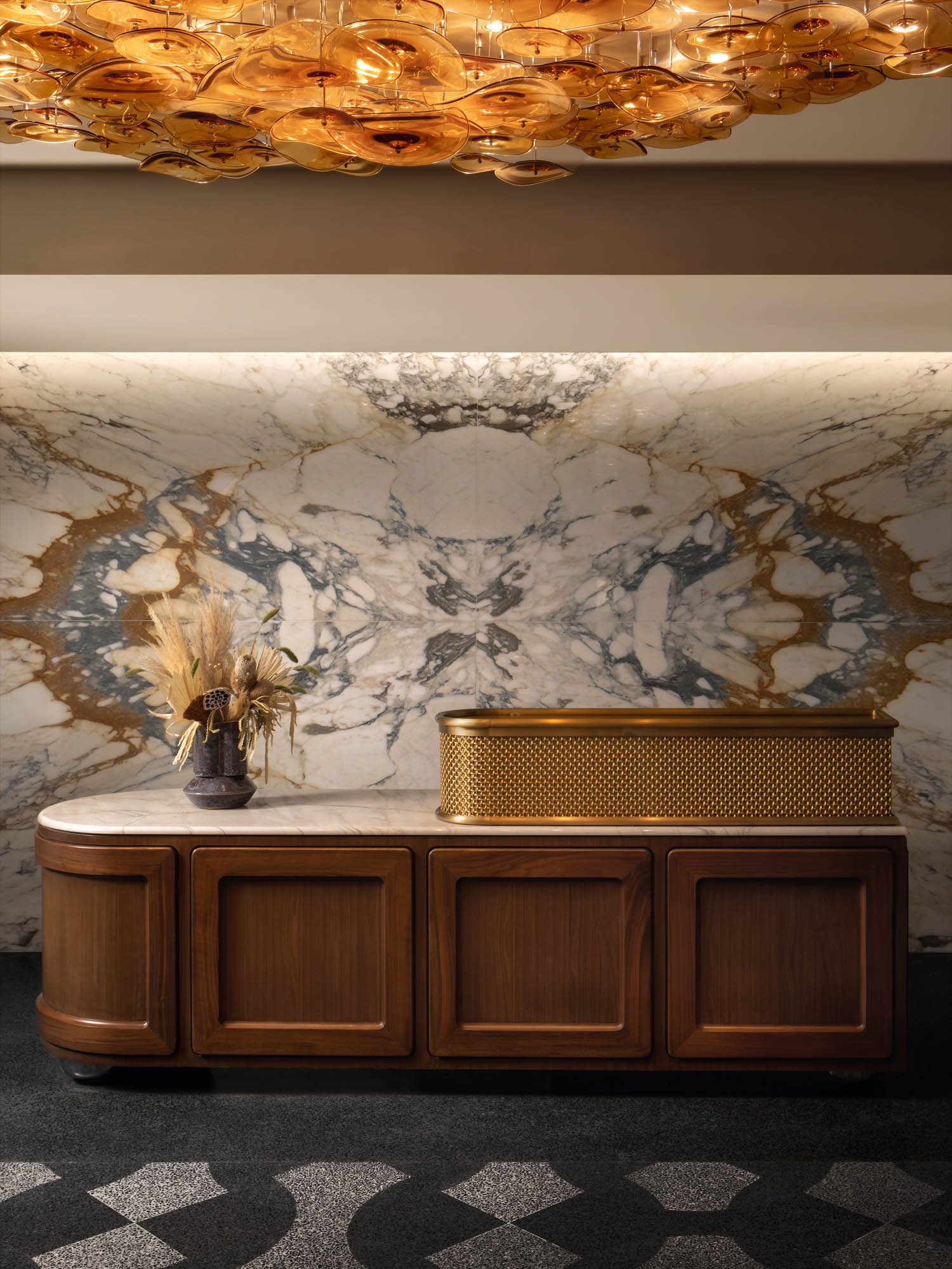 front desk of building with marble