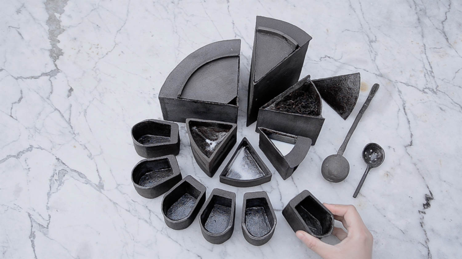 aerial shot of black tea set split into different quadrants