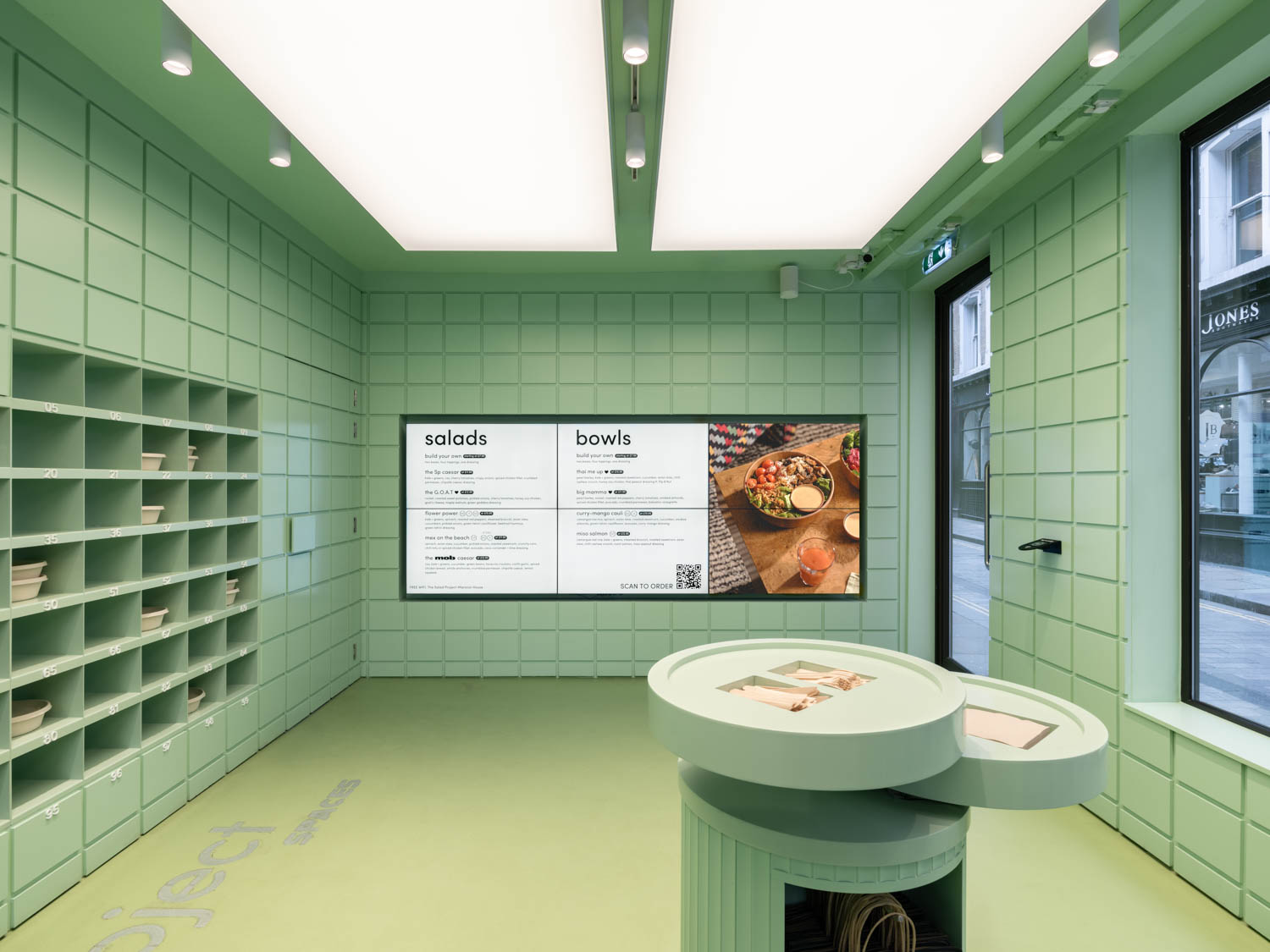 interior of restaurant with pastel green walls