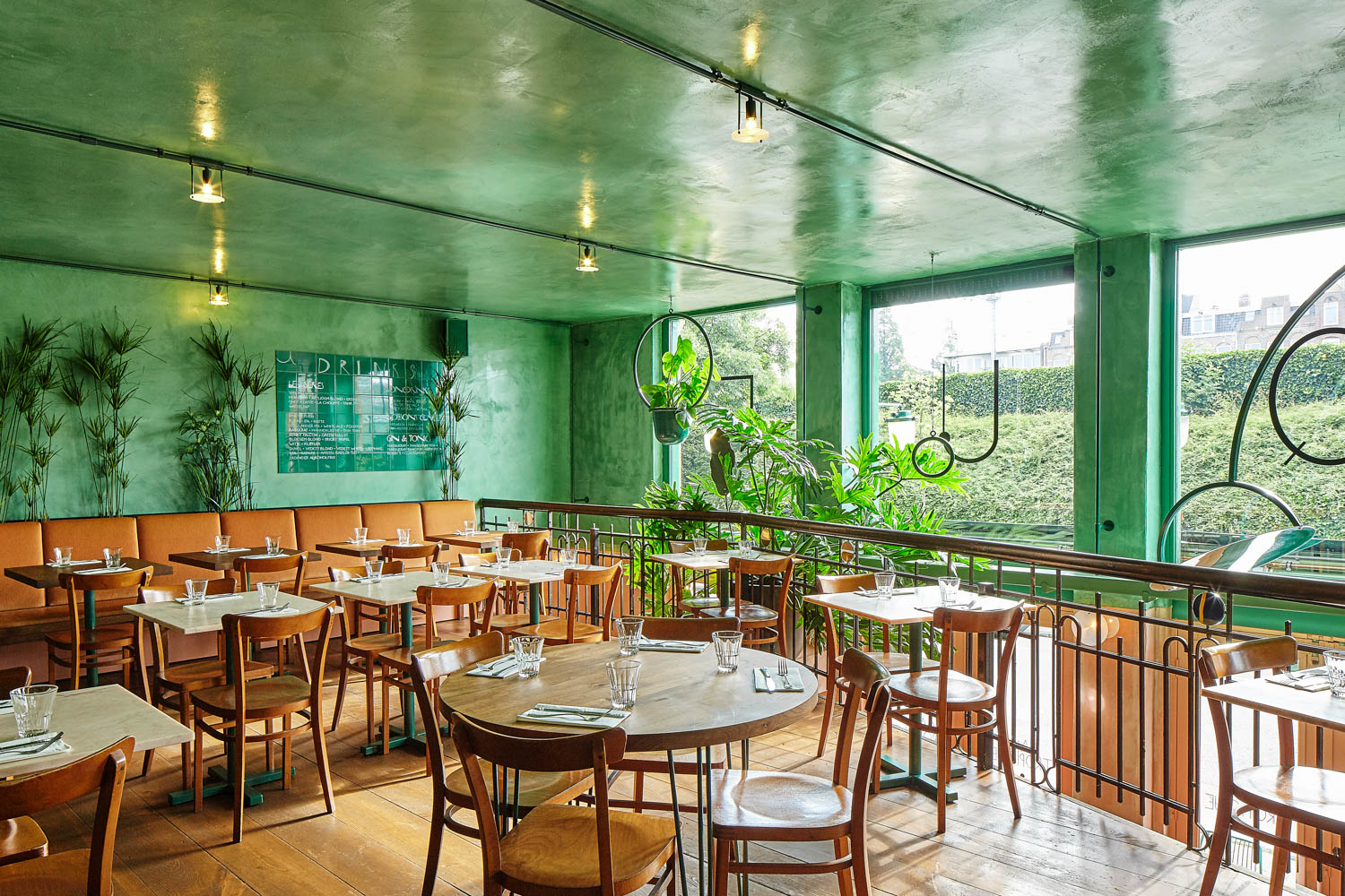 all green dining area