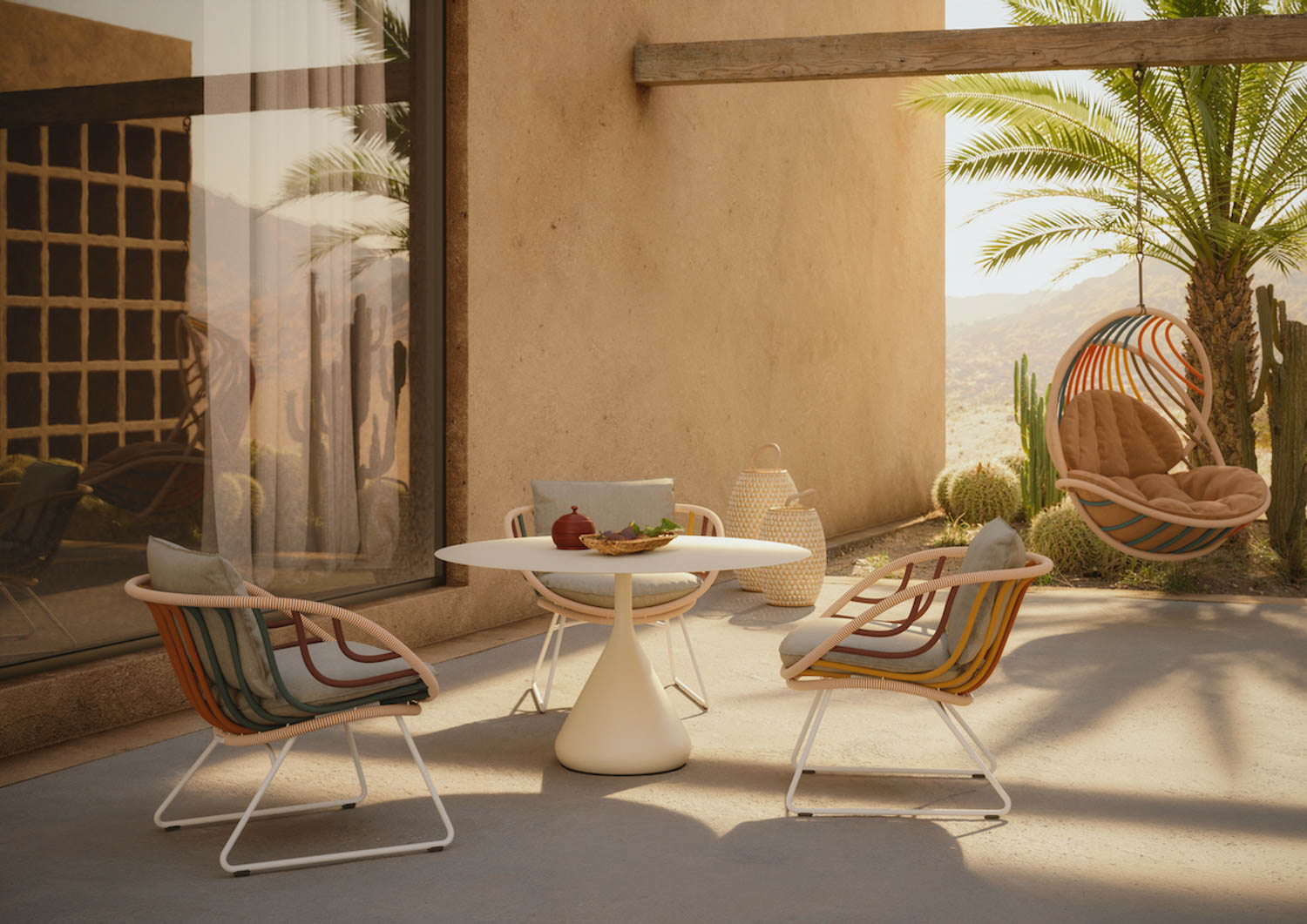 outdoor chairs with rainbow colored backing