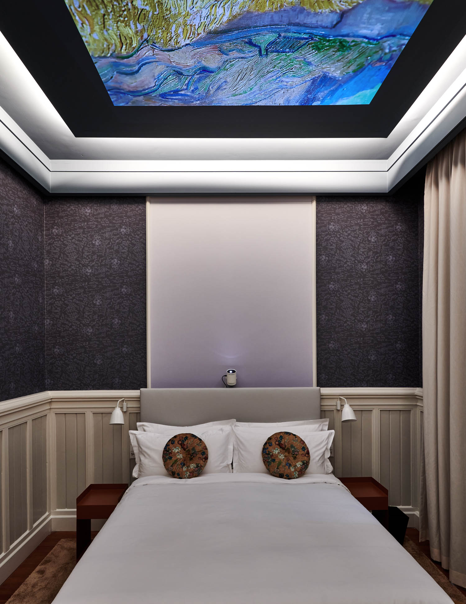 bedroom with Van Gogh painting on ceiling