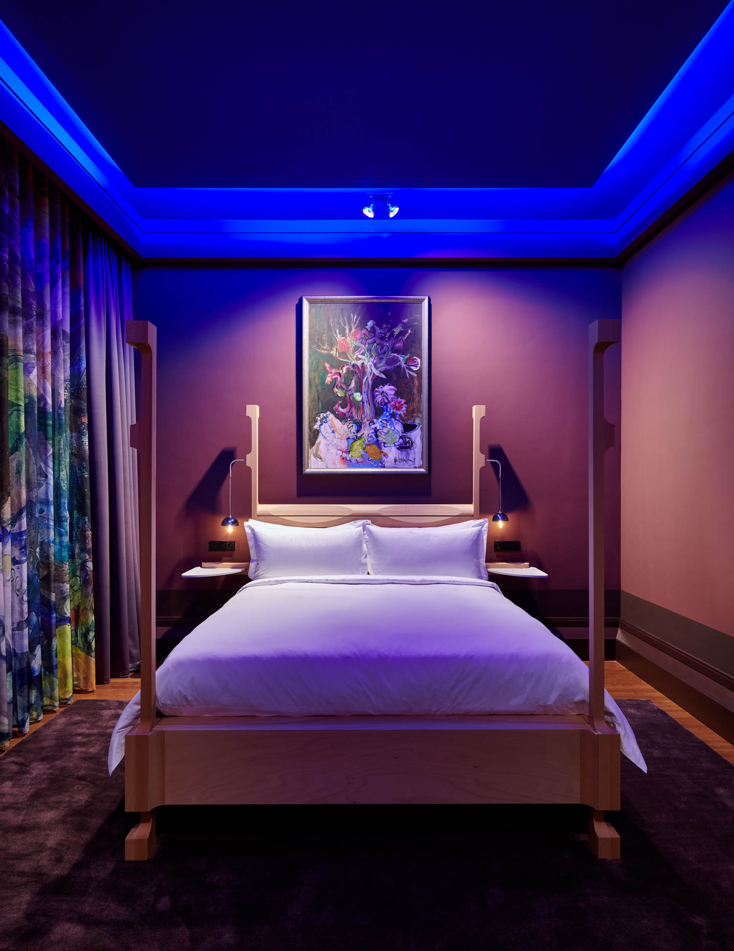 bedroom with dark blue lights