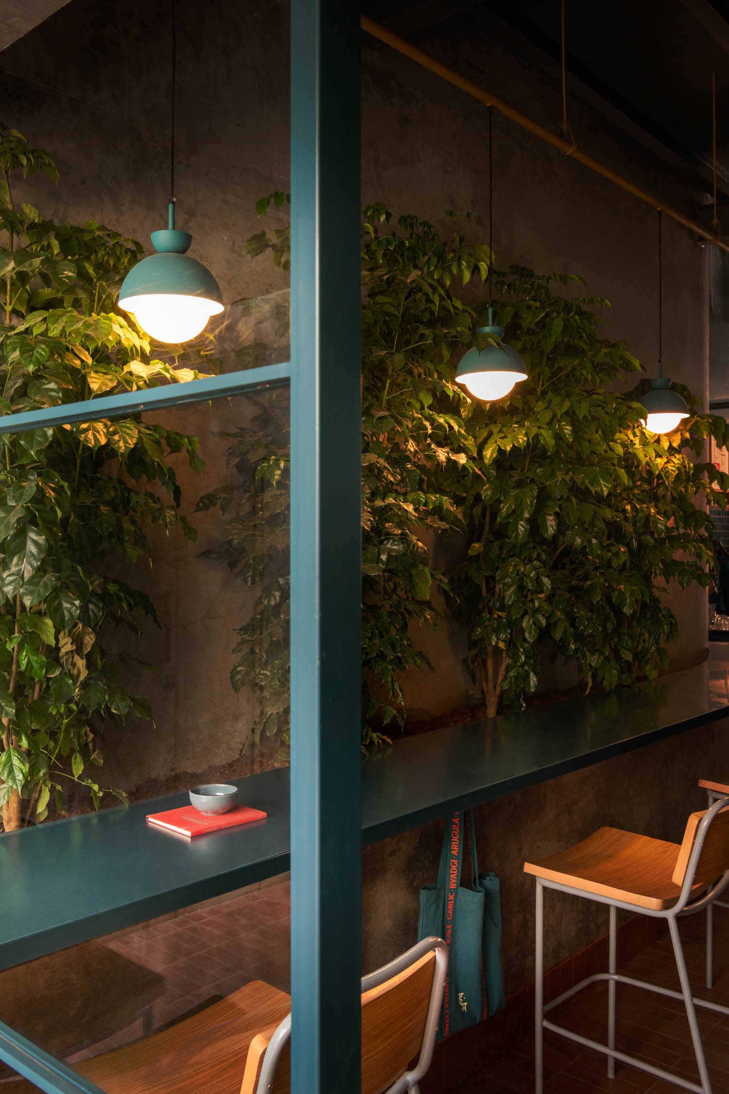 community work table area with plants
