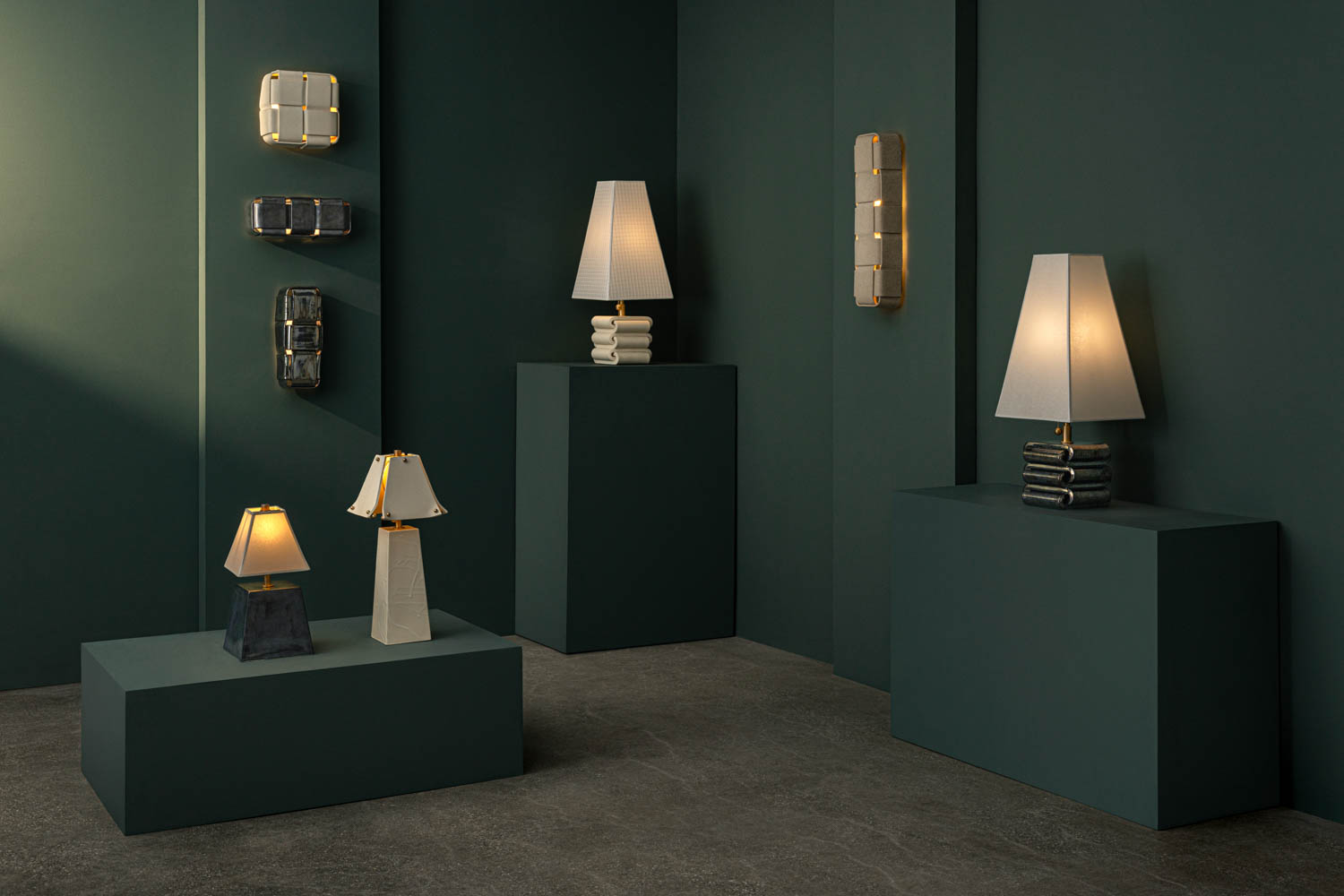 multiple lamps displayed in a dark green room