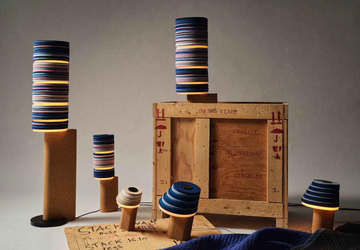 multiple lamps made of sustainable wool felt and cork