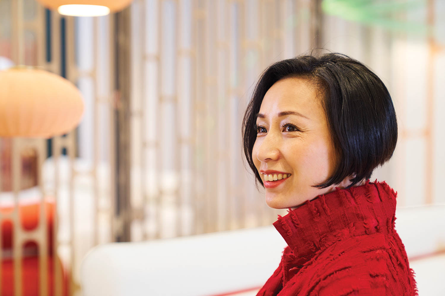 woman in a red shirt