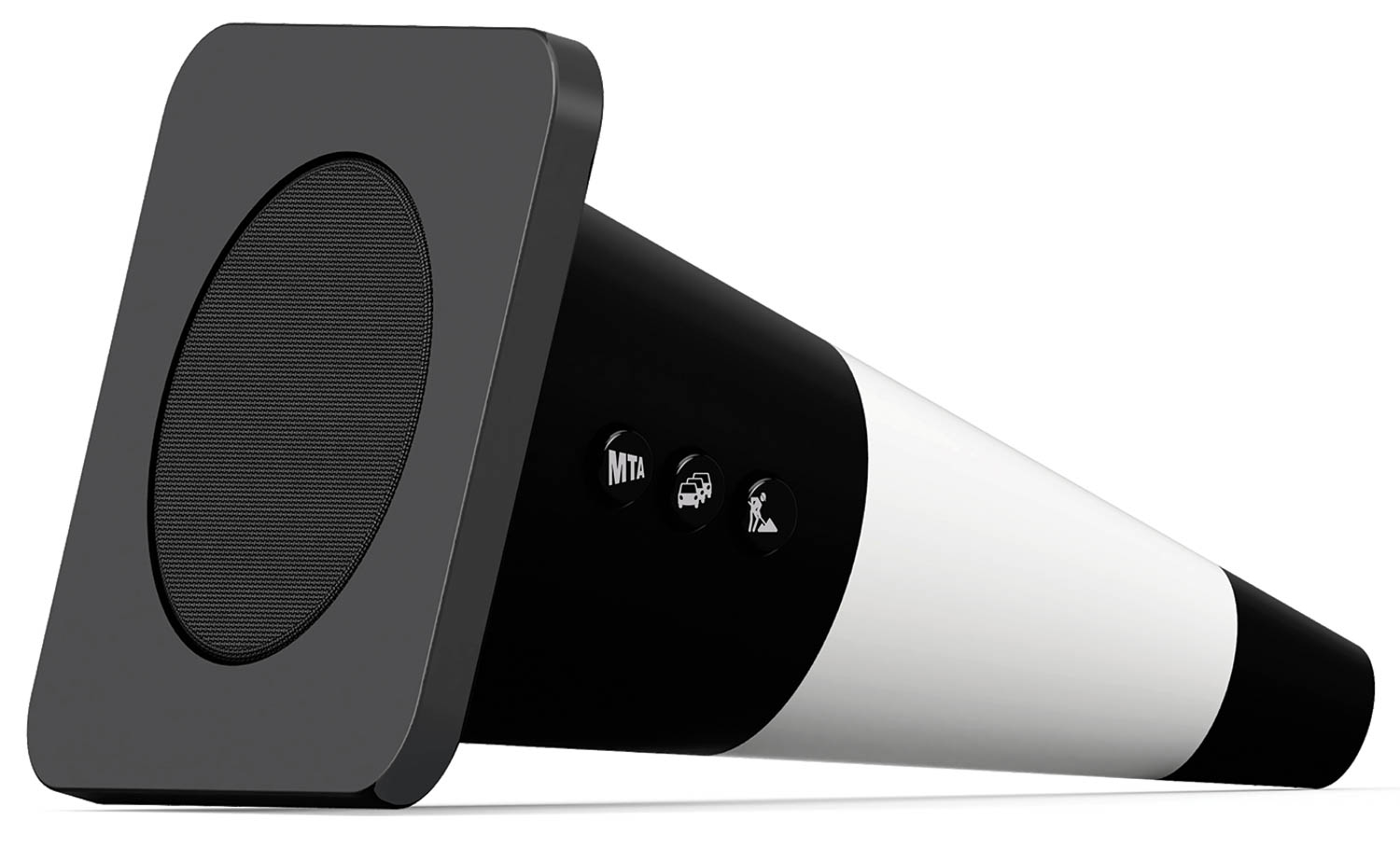 black and white noise machine that looks like a traffic cone
