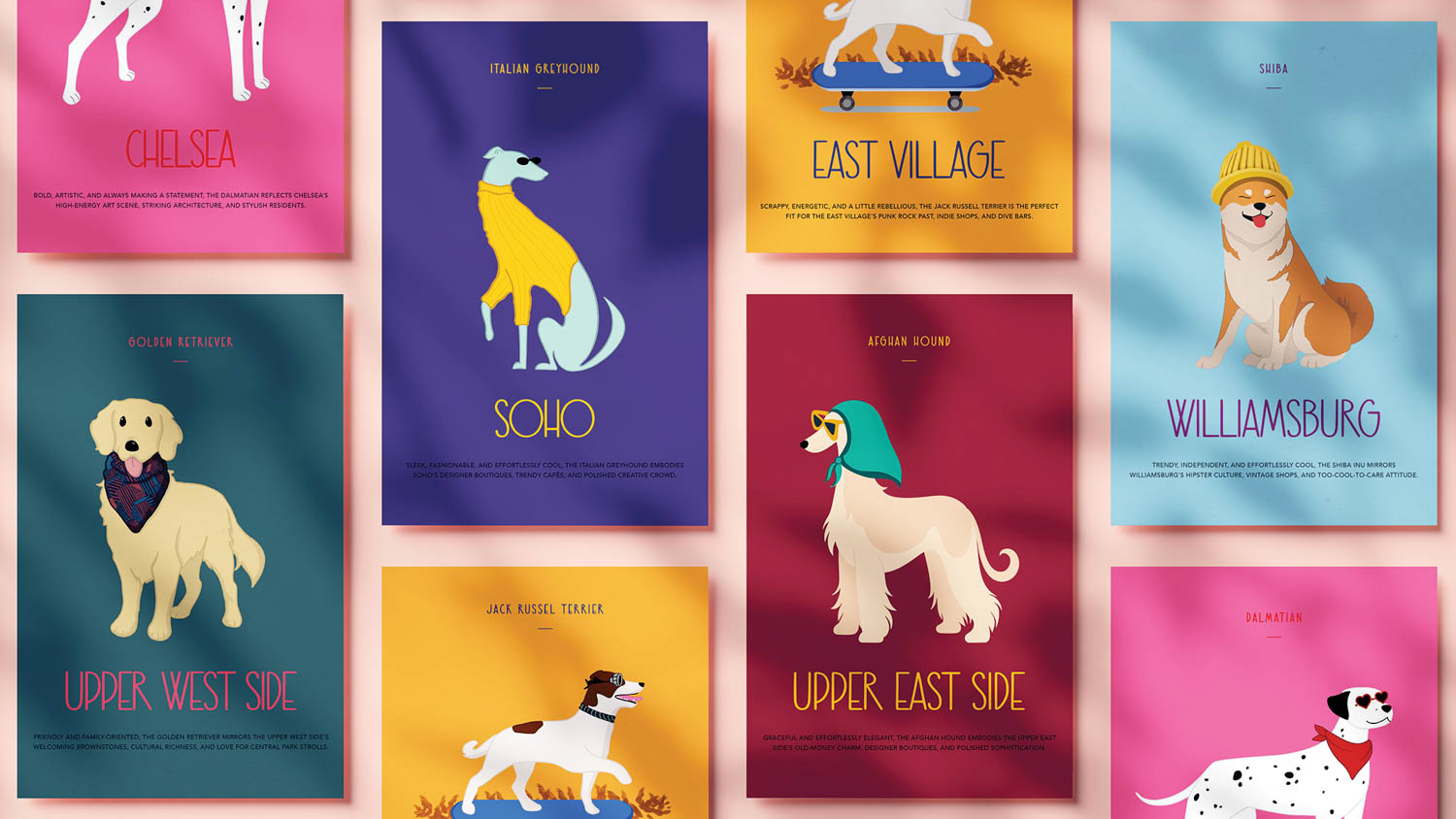 multiple dog postcards in a row