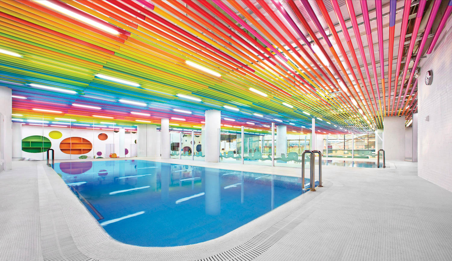 swimming pool with rainbow lights