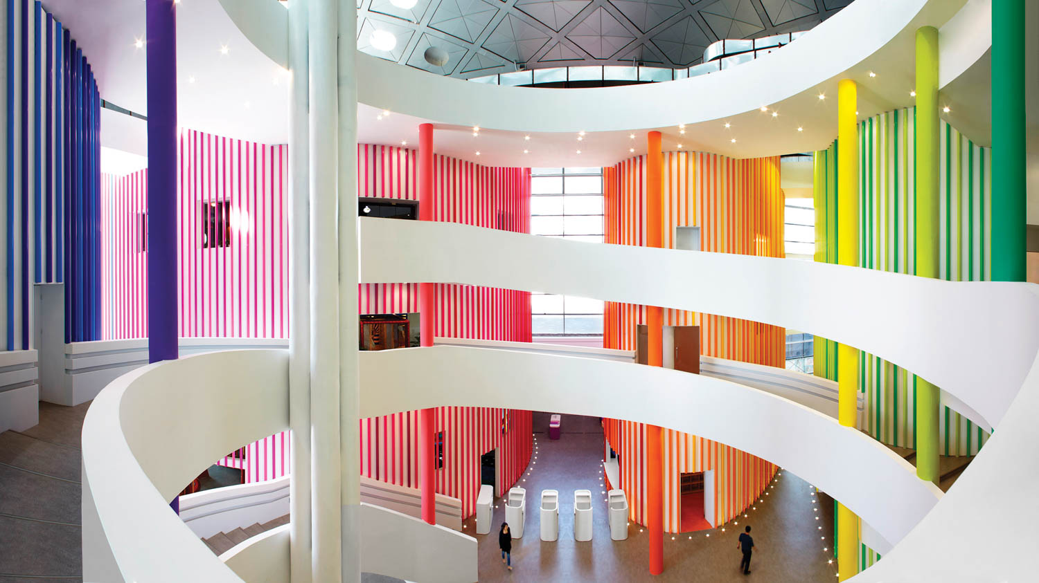 amenity space with three floors full of multicolored columns