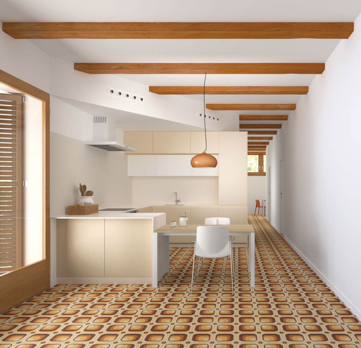 kitchen with tile flooring and wood beam ceilings