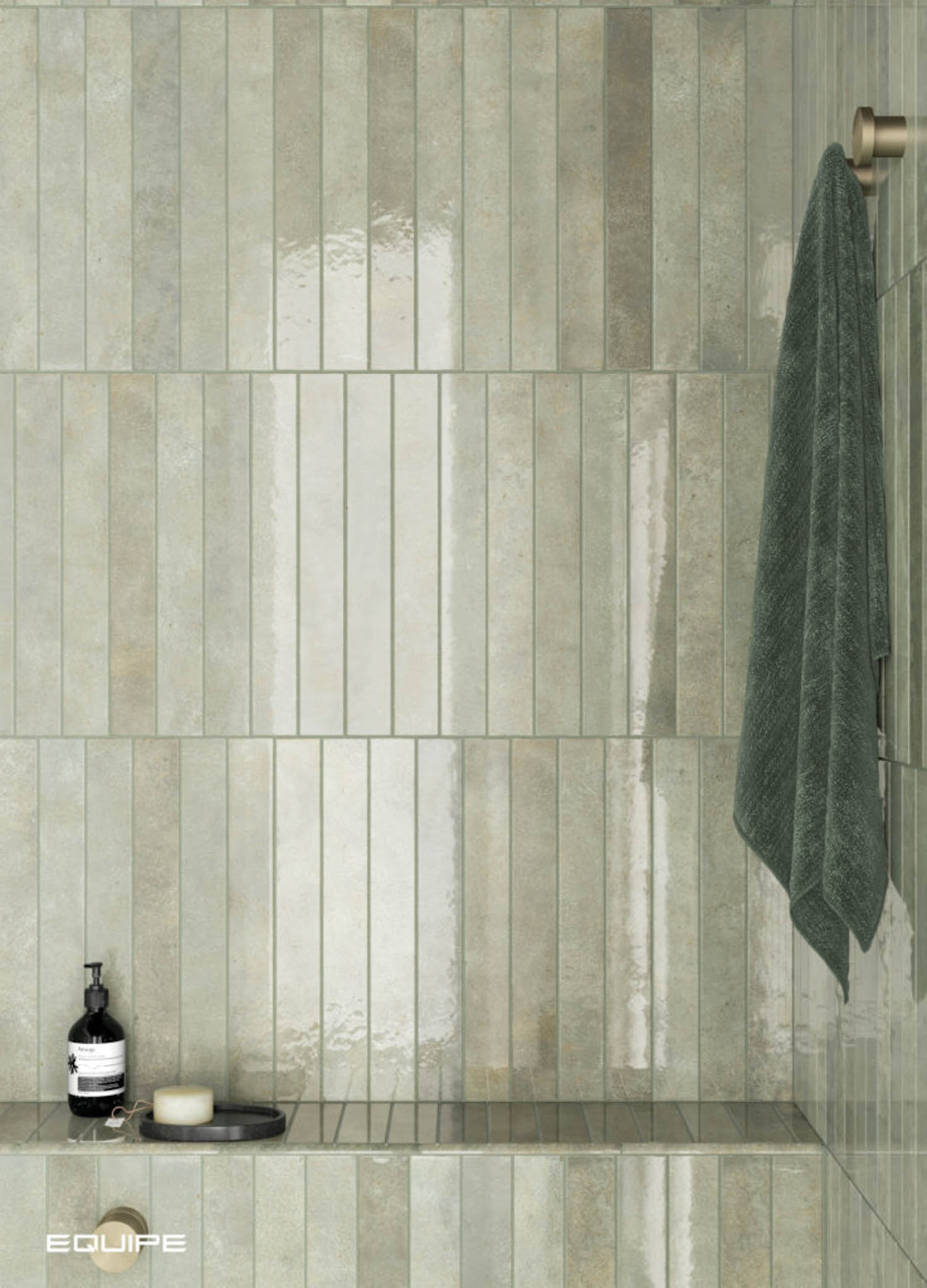 grey-green shower tile in tall shower