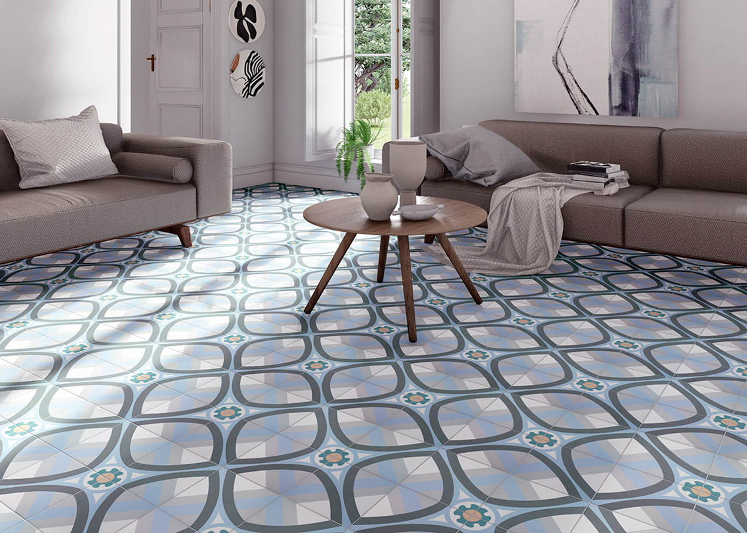 living room with blue tile and couches