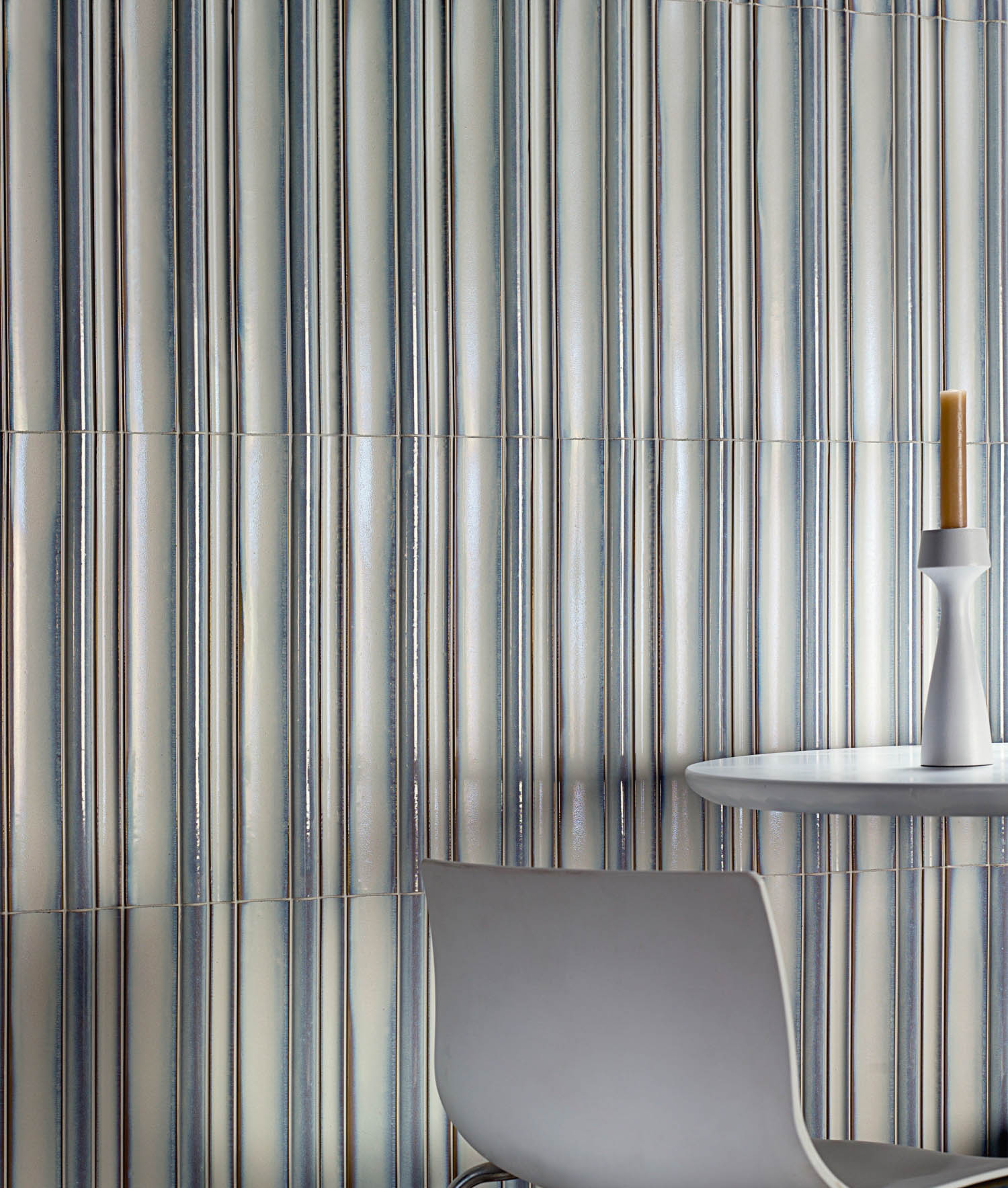 room with striped tile and chair