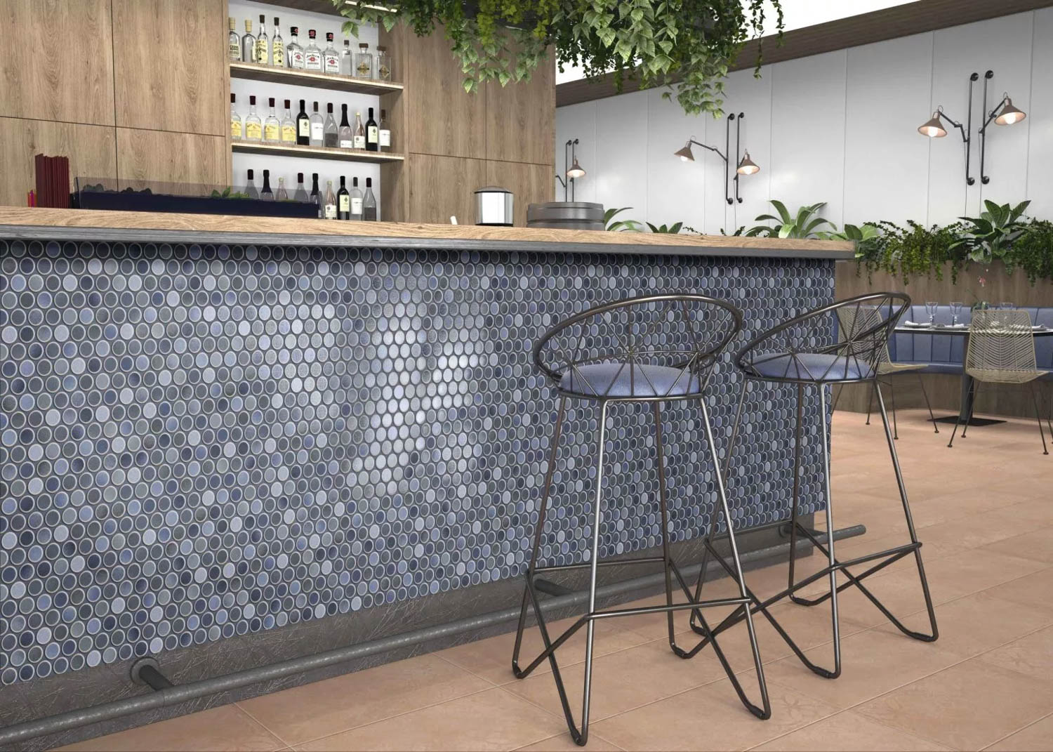 kitchen bar with island with dark blue tile
