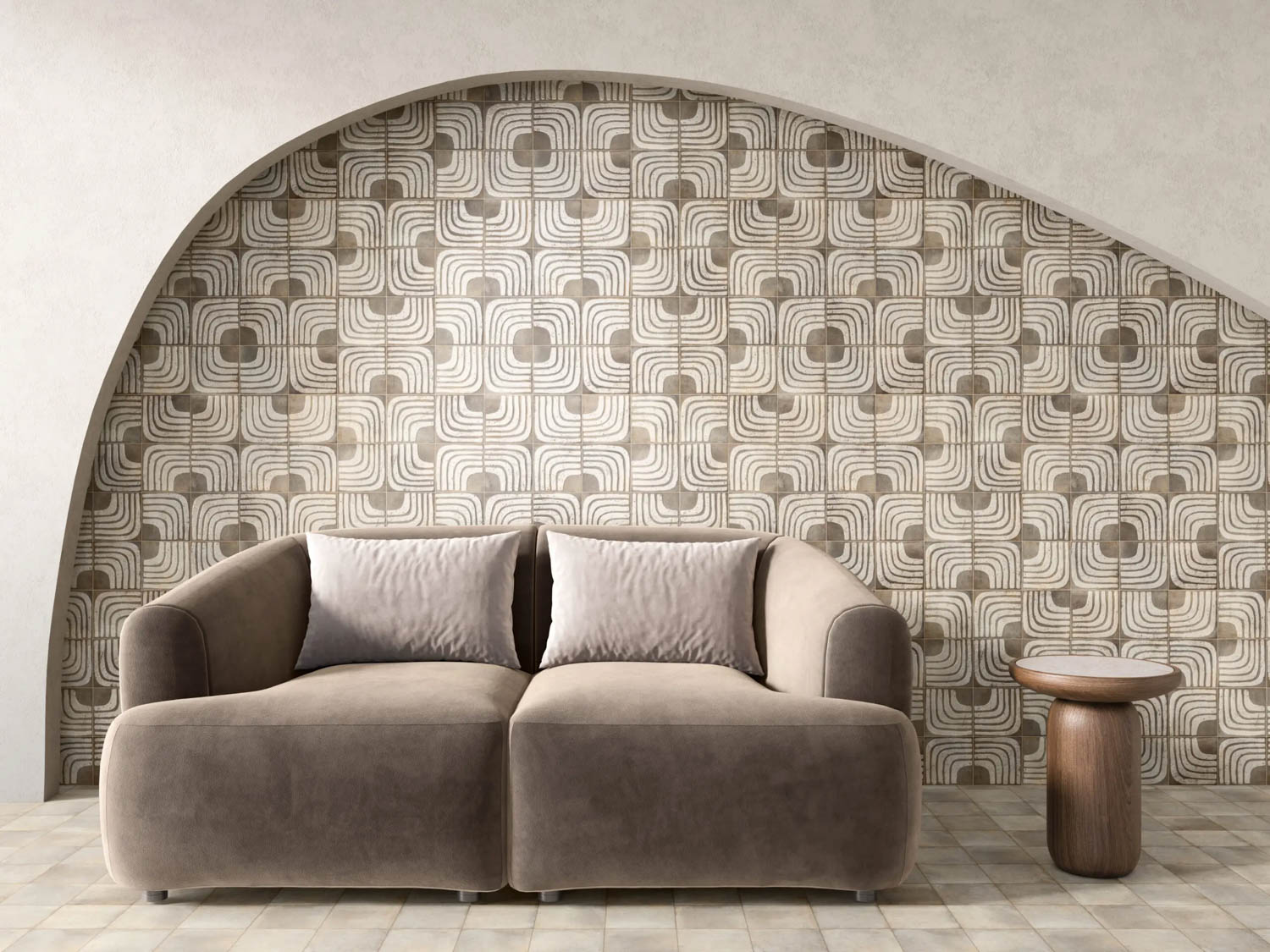 living room space with netural sofa and tiles in the background