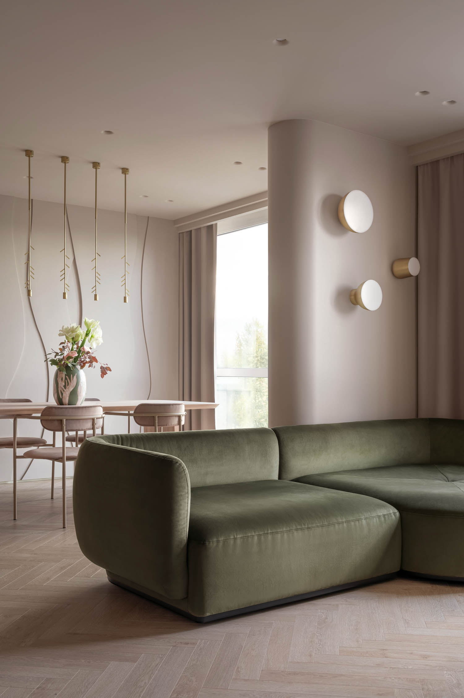 living room with green couch