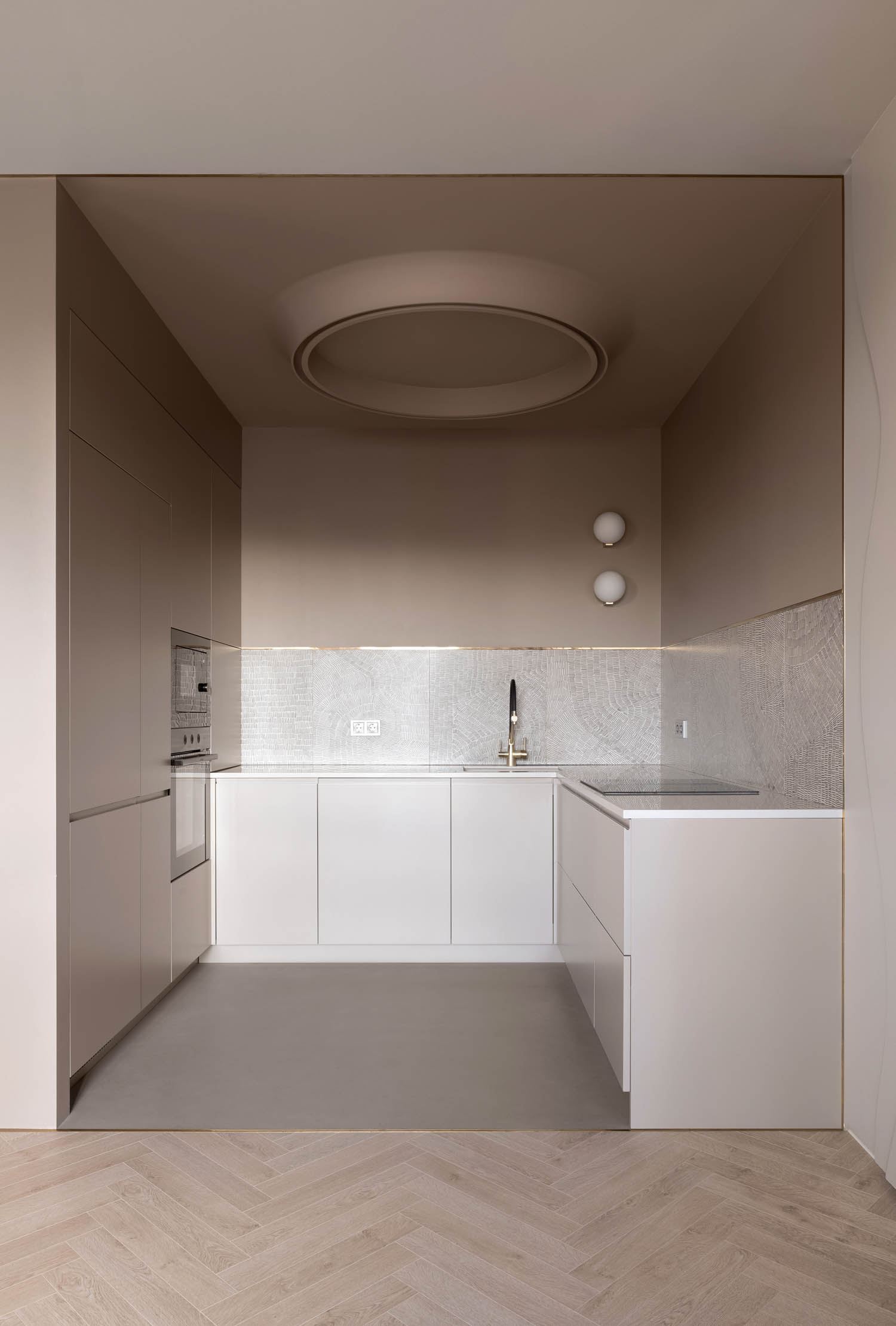 kitchen with white sinks and counters