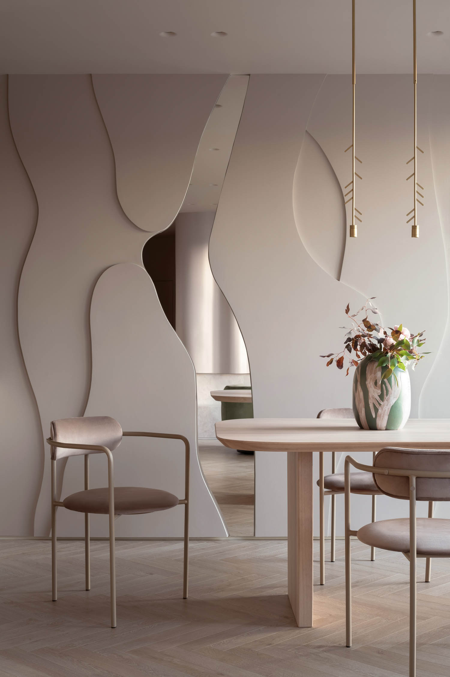 dining area with neutral chairs and table