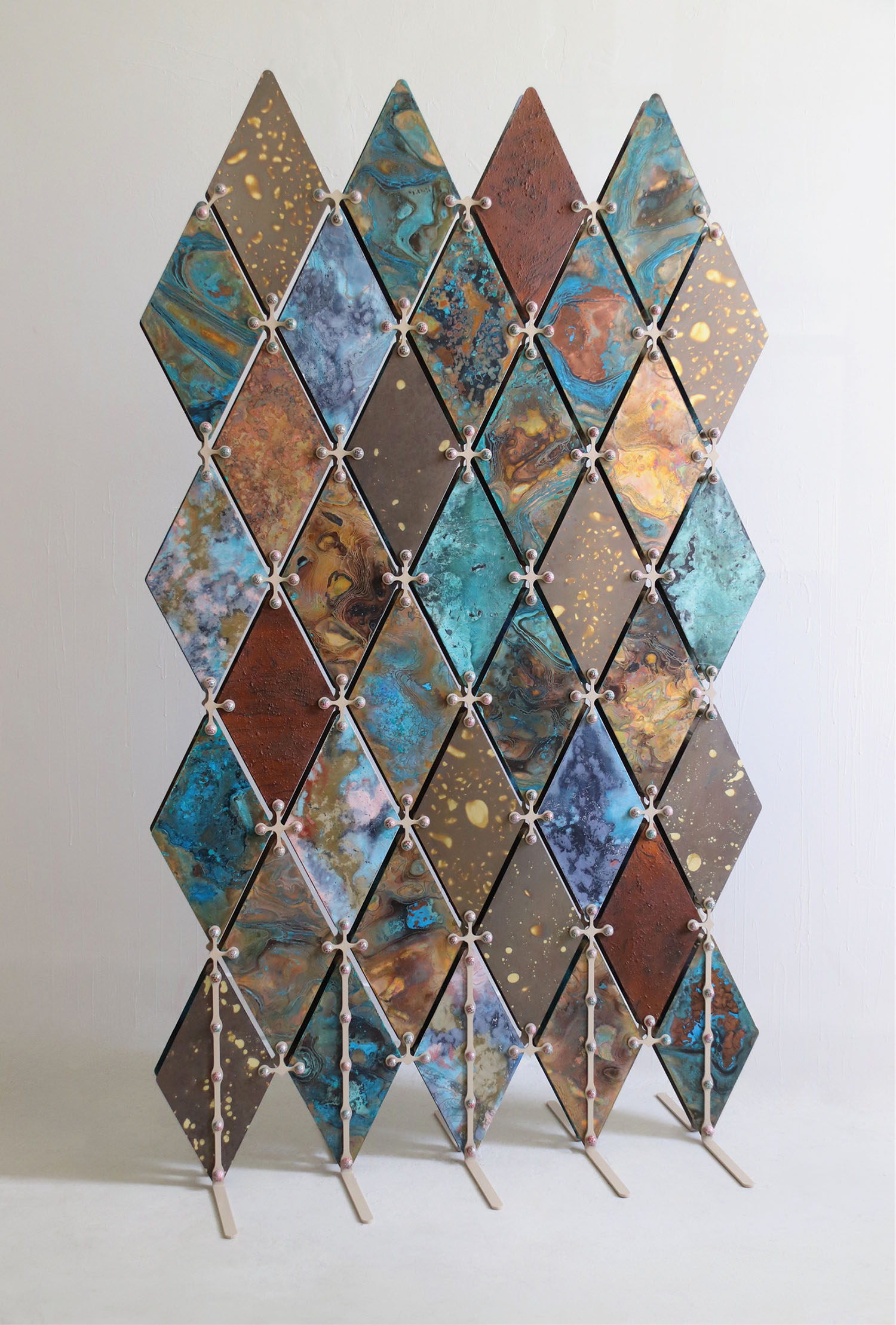 A metal sculpture with a geometric design.
