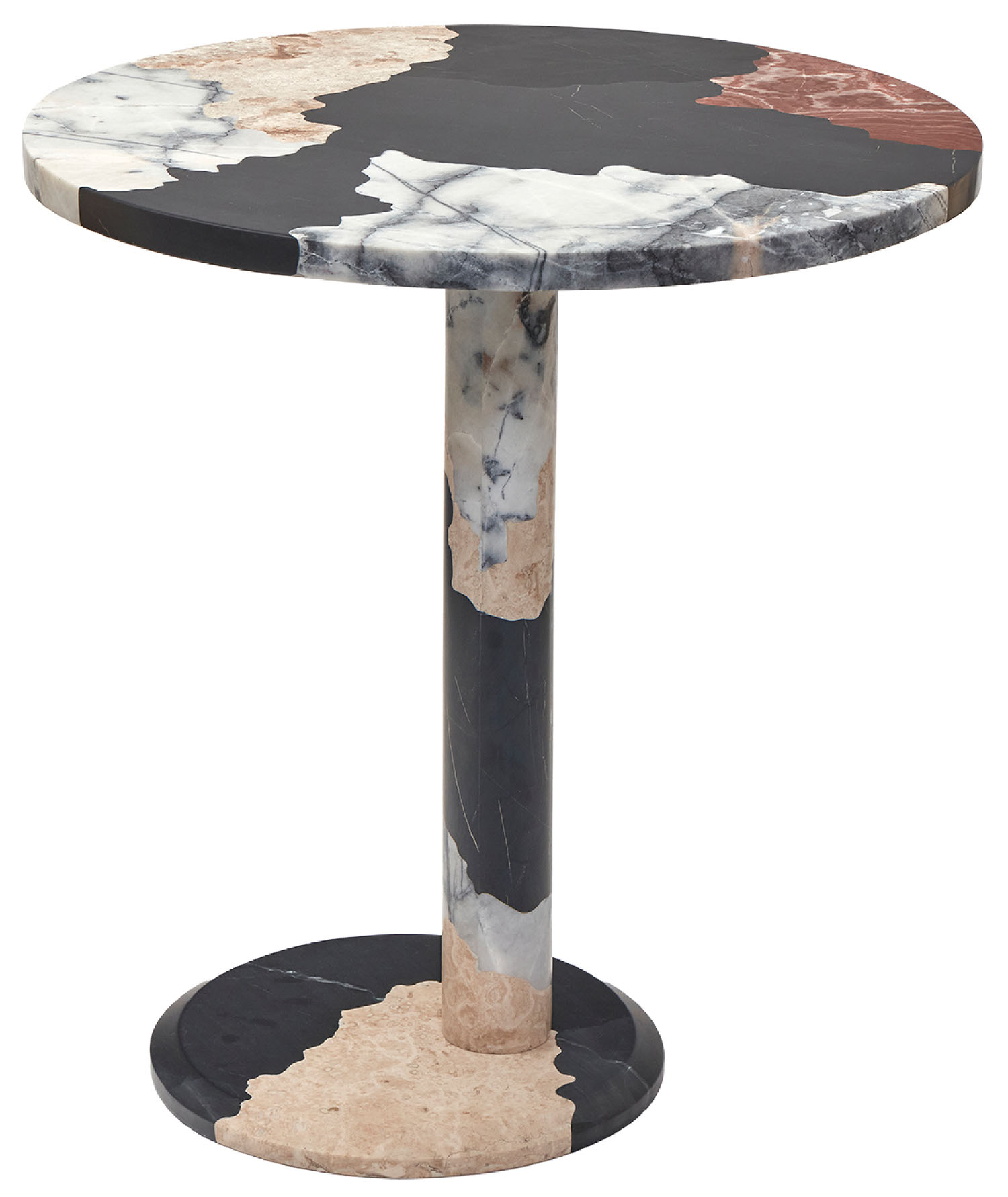 A round marble side table with a black base and a white marble.