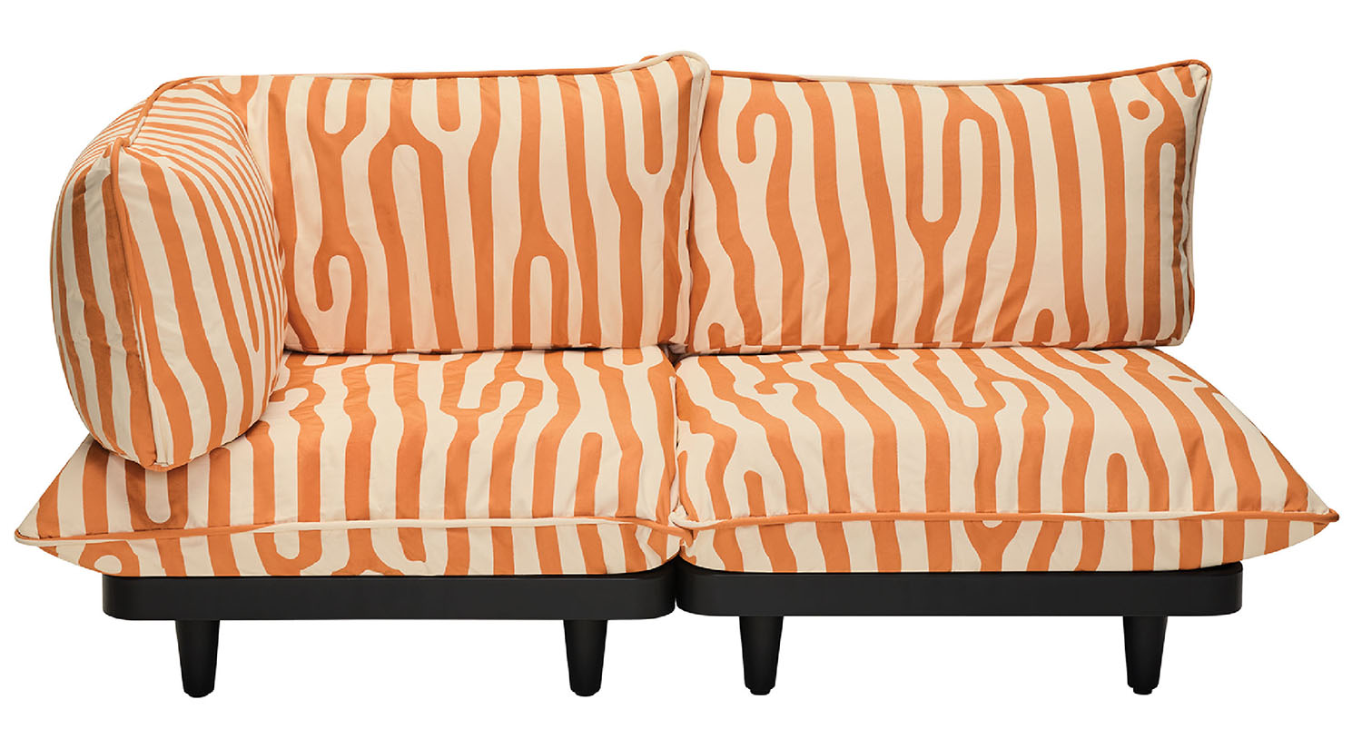 A couch with orange and white stripes