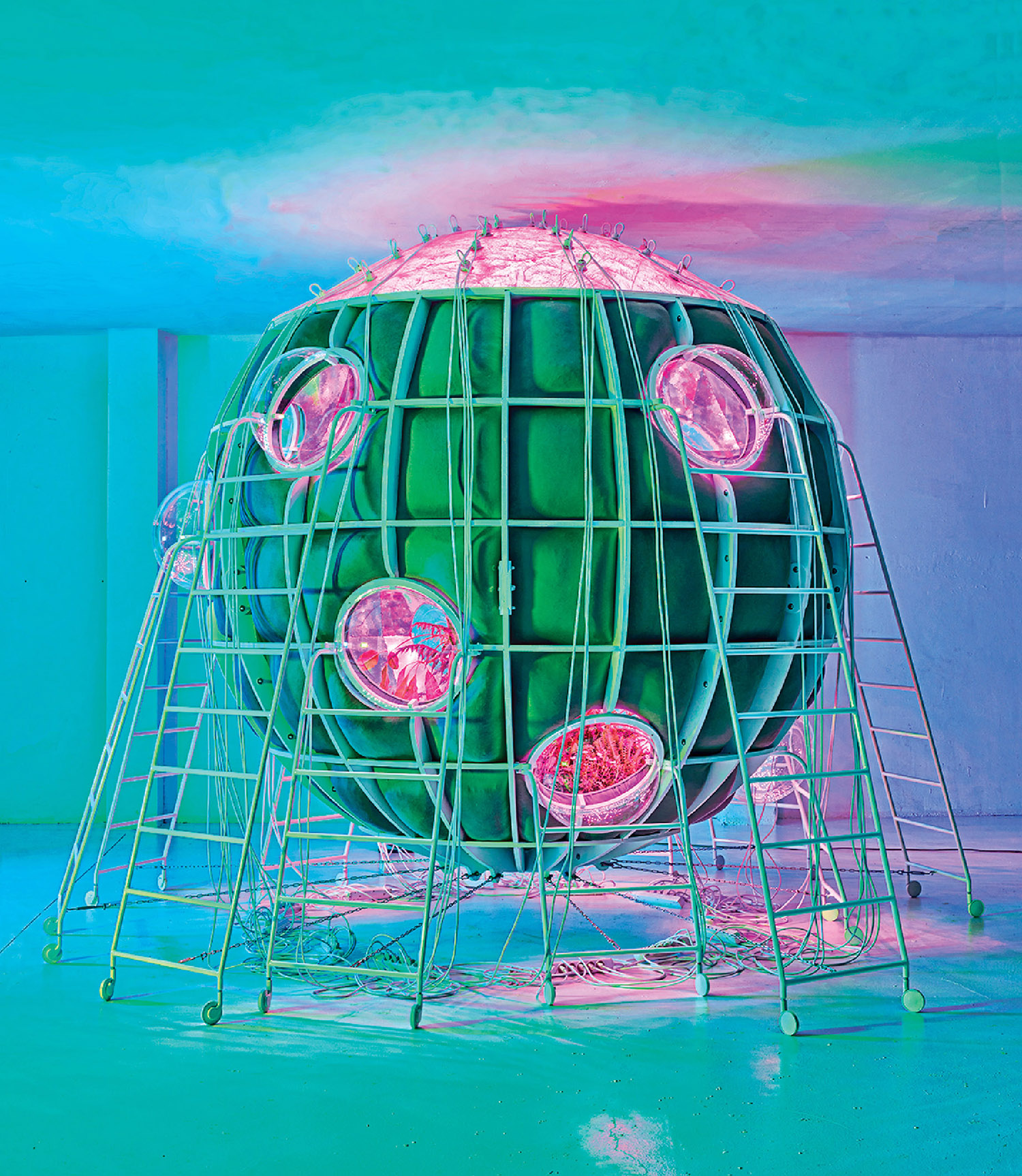 A painting of a green cactus inside a cage.