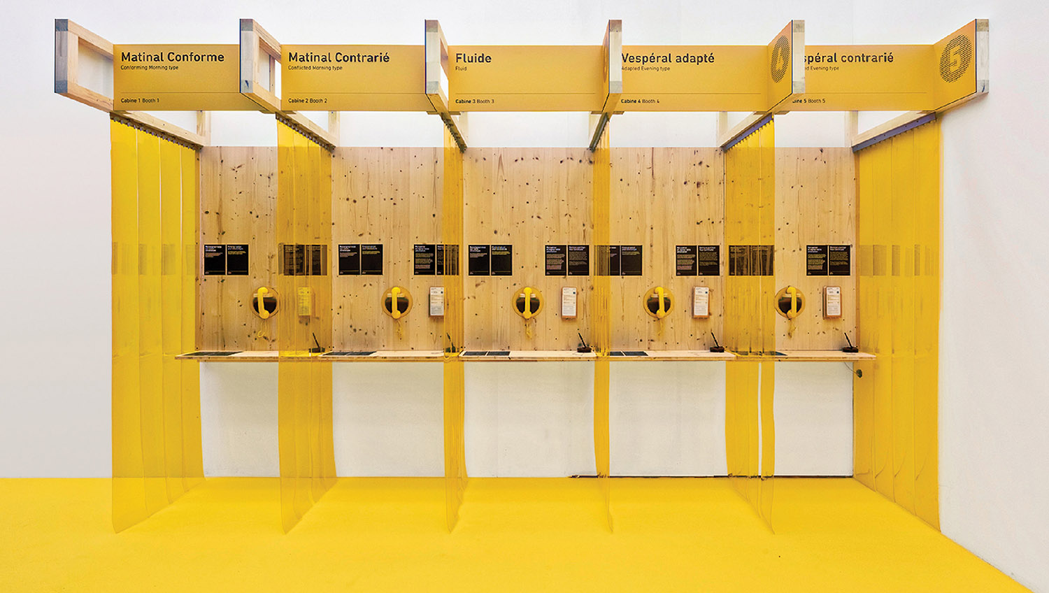 A yellow room with a bunch of yellow lockers.