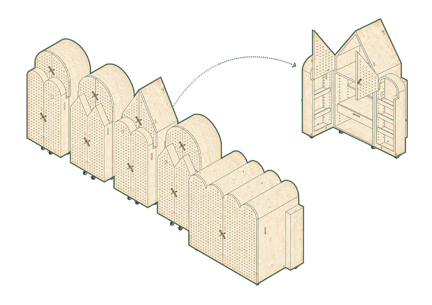 Modular wooden cabinet transforming into an open workspace with shelves and storage.