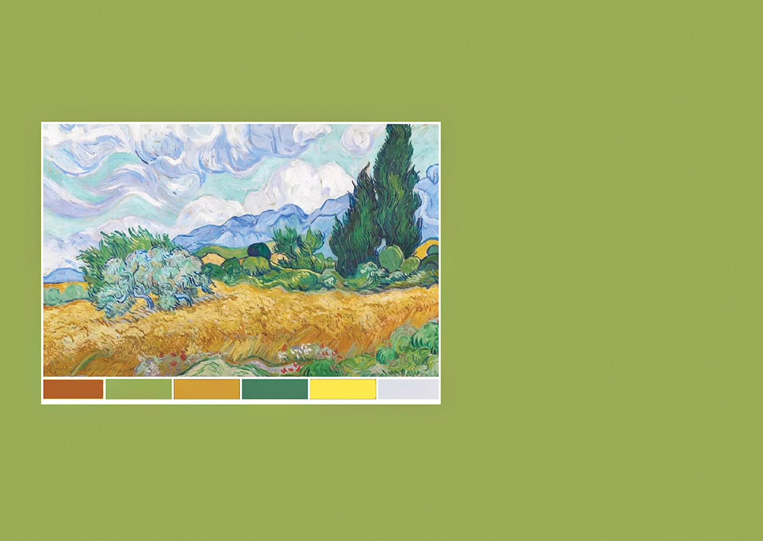 A painting of wheat fields with a green background.